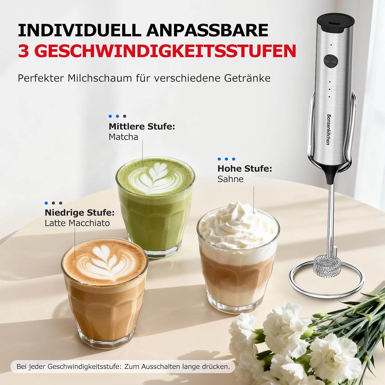 Bonsenkitchen Wiederaufladbarer Milchaufschäumer, 3-Geschwindigkeiten – Bild 2