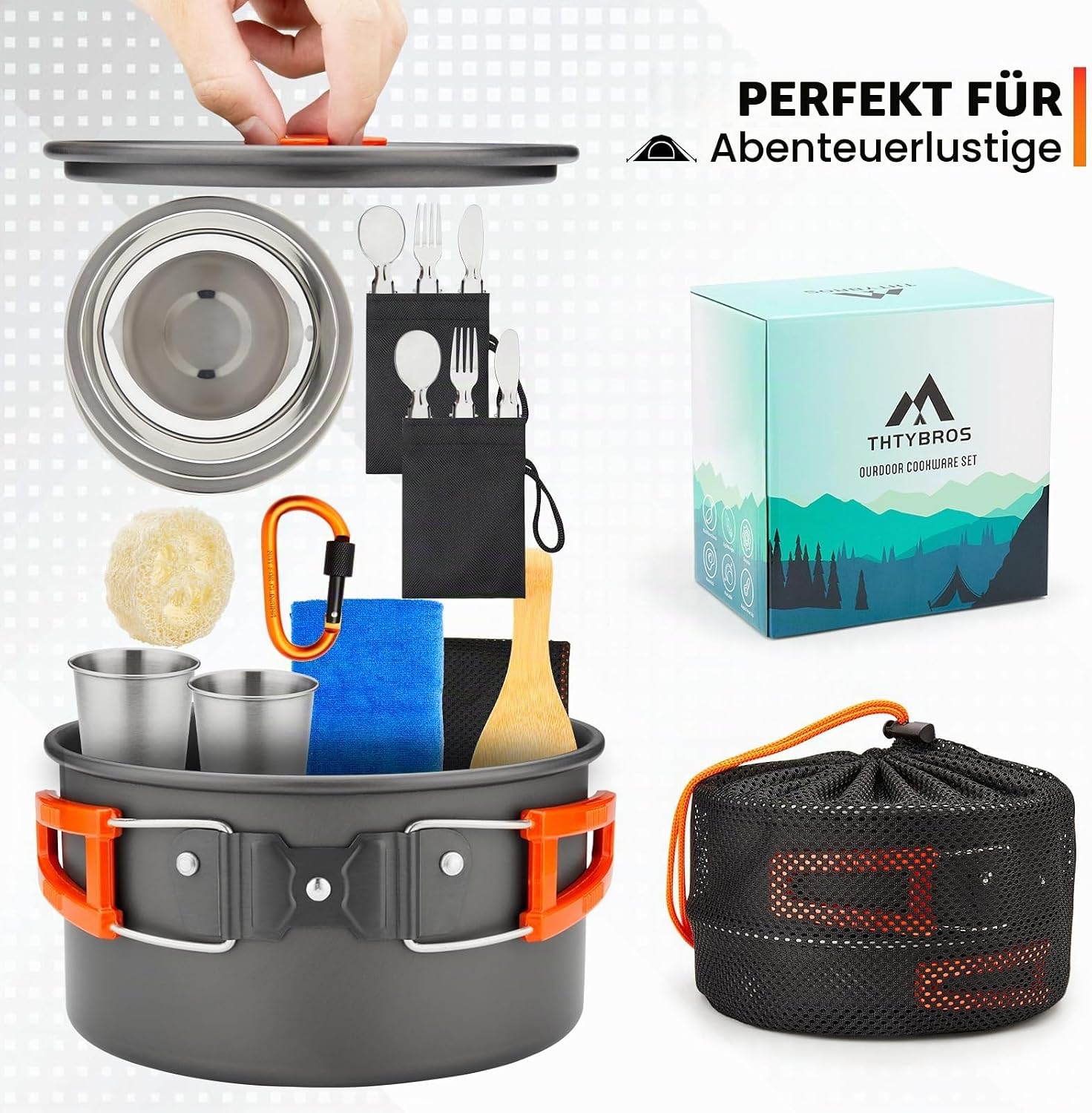 THTYBROS 17-teiliges Camping-Kochgeschirr-Set, hart eloxiertes Aluminium-Topf-Pfanne-Kessel mit 2 Edelstahl-Tassen, Teller, Besteck für Outdoor-Wandern, Rucksackreisen, Picknick – Bild 5