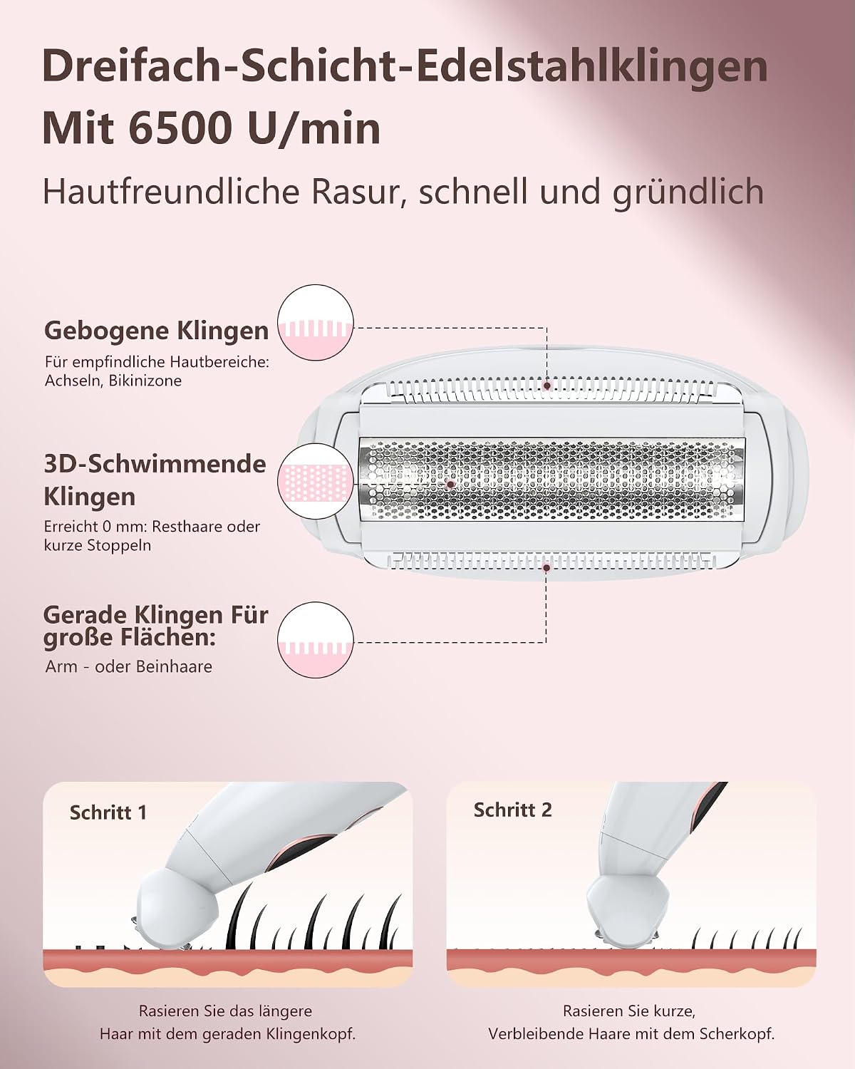 Rasierer Damen,3-In-1 Intimrasierer für Frauen,Gesichtshaarentferner für Frauen,Damenrasierer Elektrisch Nass-Trockenrasierer Ipx7 Wasserdicht Trimmer Damen,für Bikinizone Achseln Beine,USB-Aufladung – Bild 3