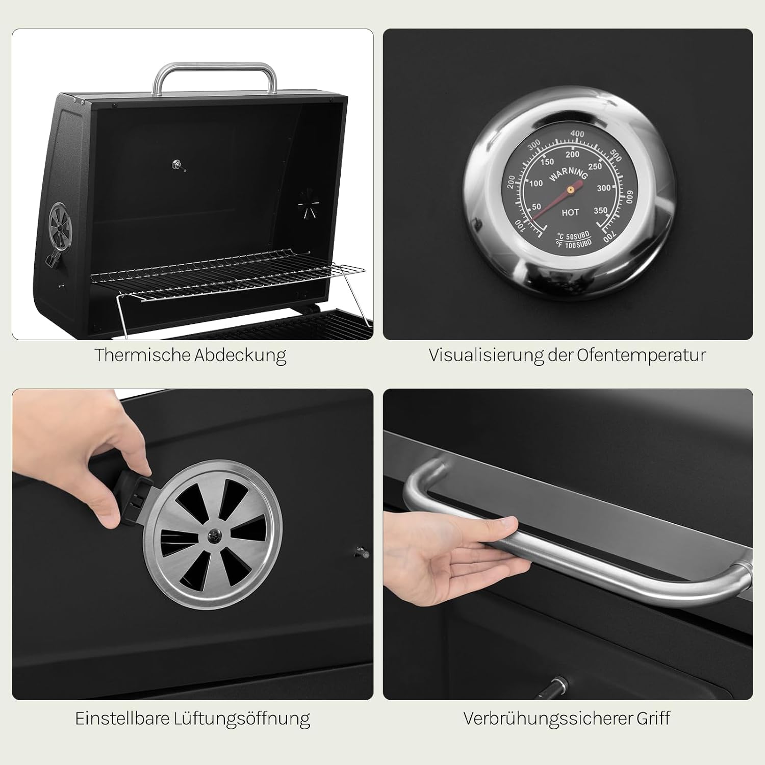 WOLTU Holzkohlegrill mit Deckel, große Grillfläche, variable Kohlewanne, Smoker Grill BBQ mit Grillrost, Thermometer, Grillwagen für Camping, 117 x 107 x 71 cm, Schwarz – Bild 7