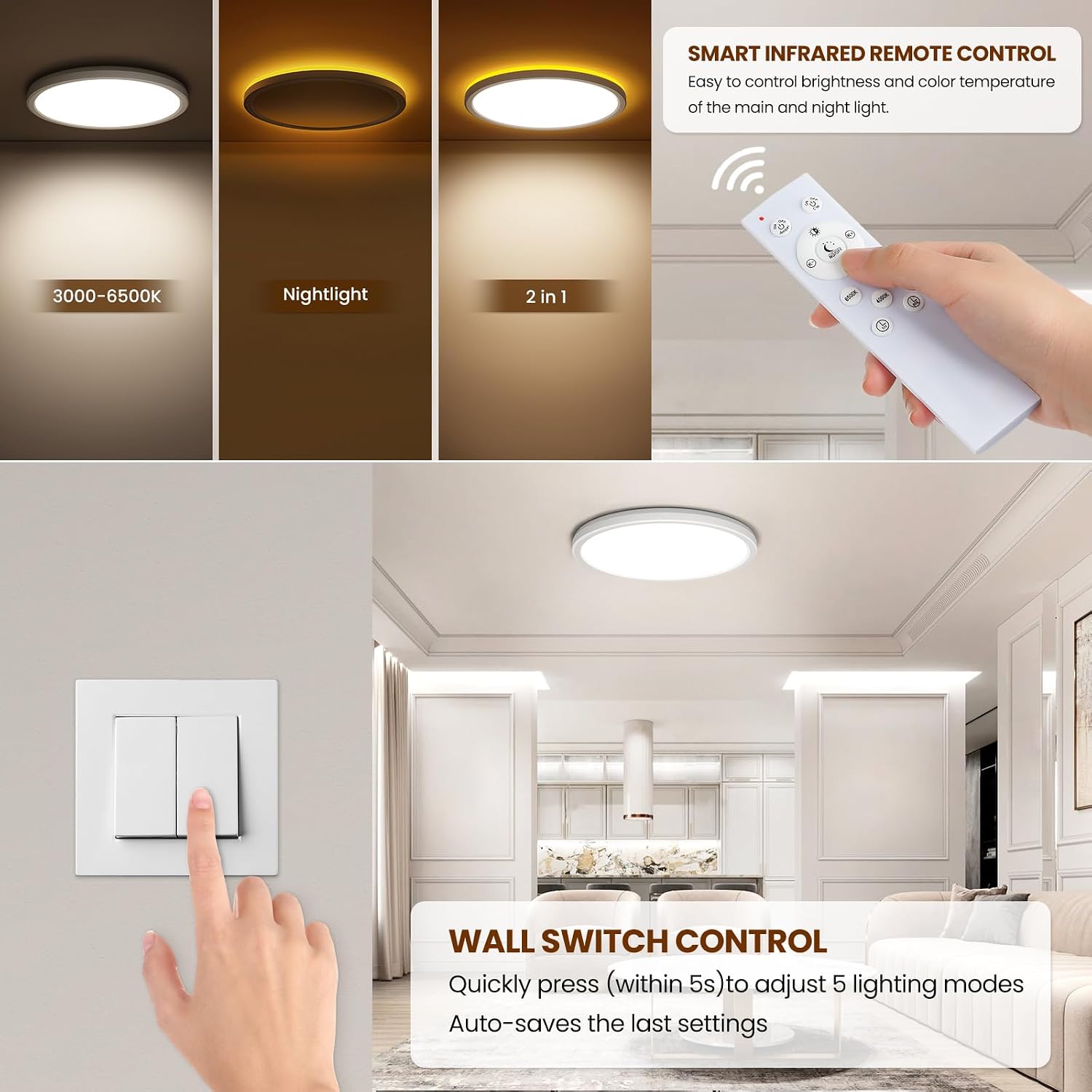 LED Deckenleuchte Dimmbar 24W 2800LM Deckenlampe mit Fernbedienung – Bild 4