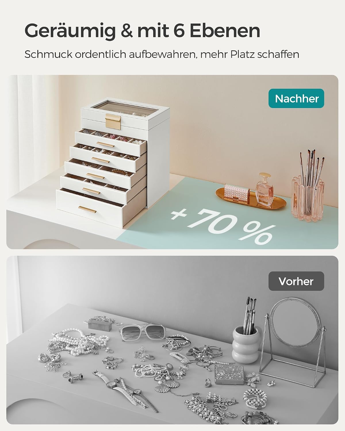 SONGMICS Schmuckkästchen mit Glasdeckel, 6 Ebenen, 5 Schubladen – Bild 6