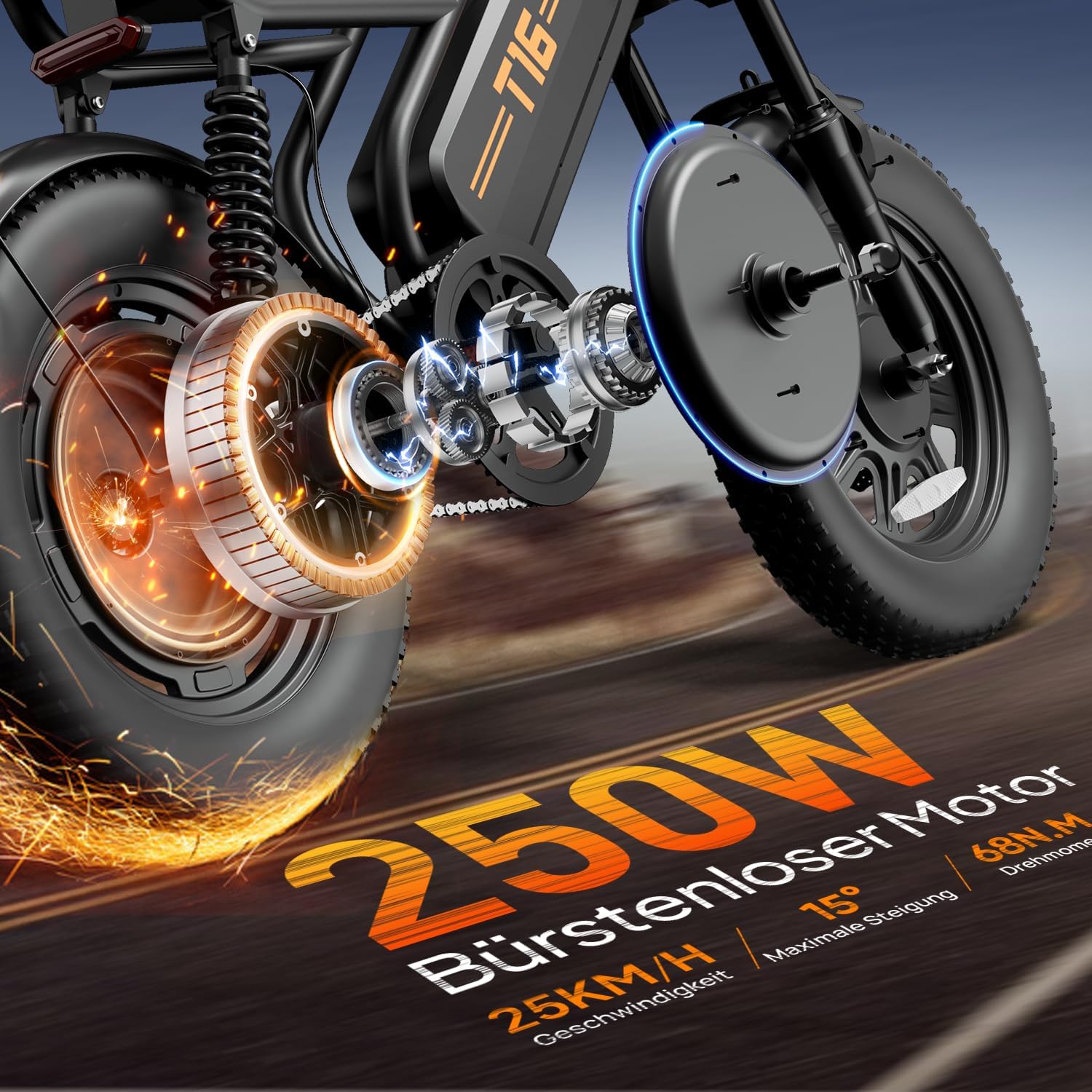 URLIFE E Bike 16" x 3.0, 48V 13Ah Herausnehmbarer Akku Elektrofahrrad, 250W Bürstenloser Motor, 100km Reichweite, E-Bike mit Doppelfederung, Elektrofahrräder für Jugendliche und Erwachsene – Bild 2