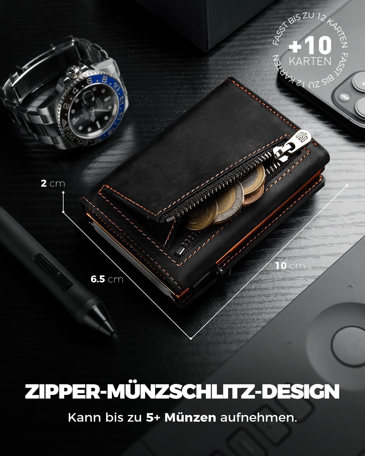 DODENSHA MagSnap Portmonee Herren I Slim Wallet mit Münzfach I Kreditkartenetui Geldbeutel für 10+ Karten I Magnetischer Verschluss Geldbörse Herren I RFID Schutz I SchwarzOrange – Bild 6