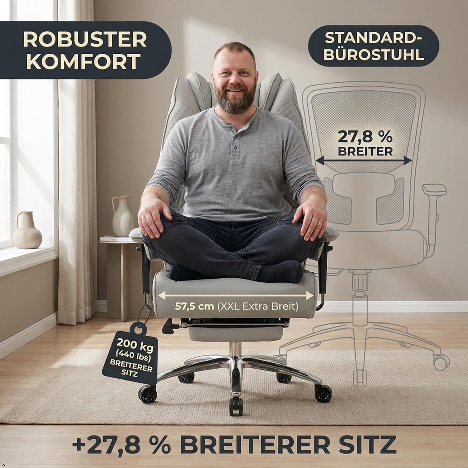EXCEBET Chefsessel Bürostuhl Ergonomisch 200kg, Schreibtischstuhl mit Fußstütze und 14cm Taschenfederkern, Hochlehner aus Kratzfestem PU Leder, Drehstuhl mit Höhenverstellbaren Armlehnen (Hellgrau) – Bild 5