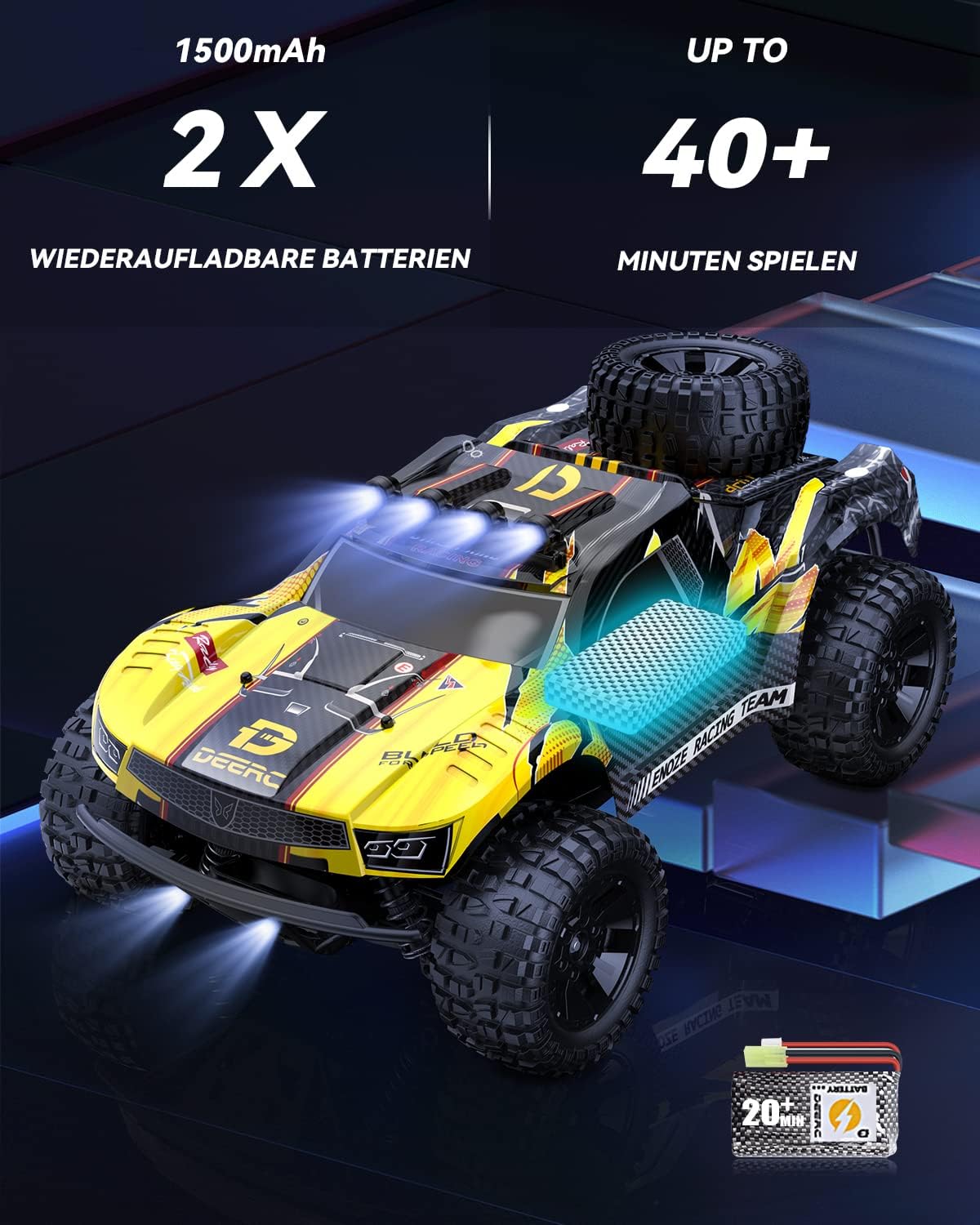 DEERC Ferngesteuerte Auto 1:10 mit Lichtern RC Auto 48km/h 4WD Offroad Hobby Grade Monster Crawler mit 2 Akkus 40 Minuten Laufzeit,2 Autoschalen, für Erwachsene, Kinder (9201E) – Bild 6