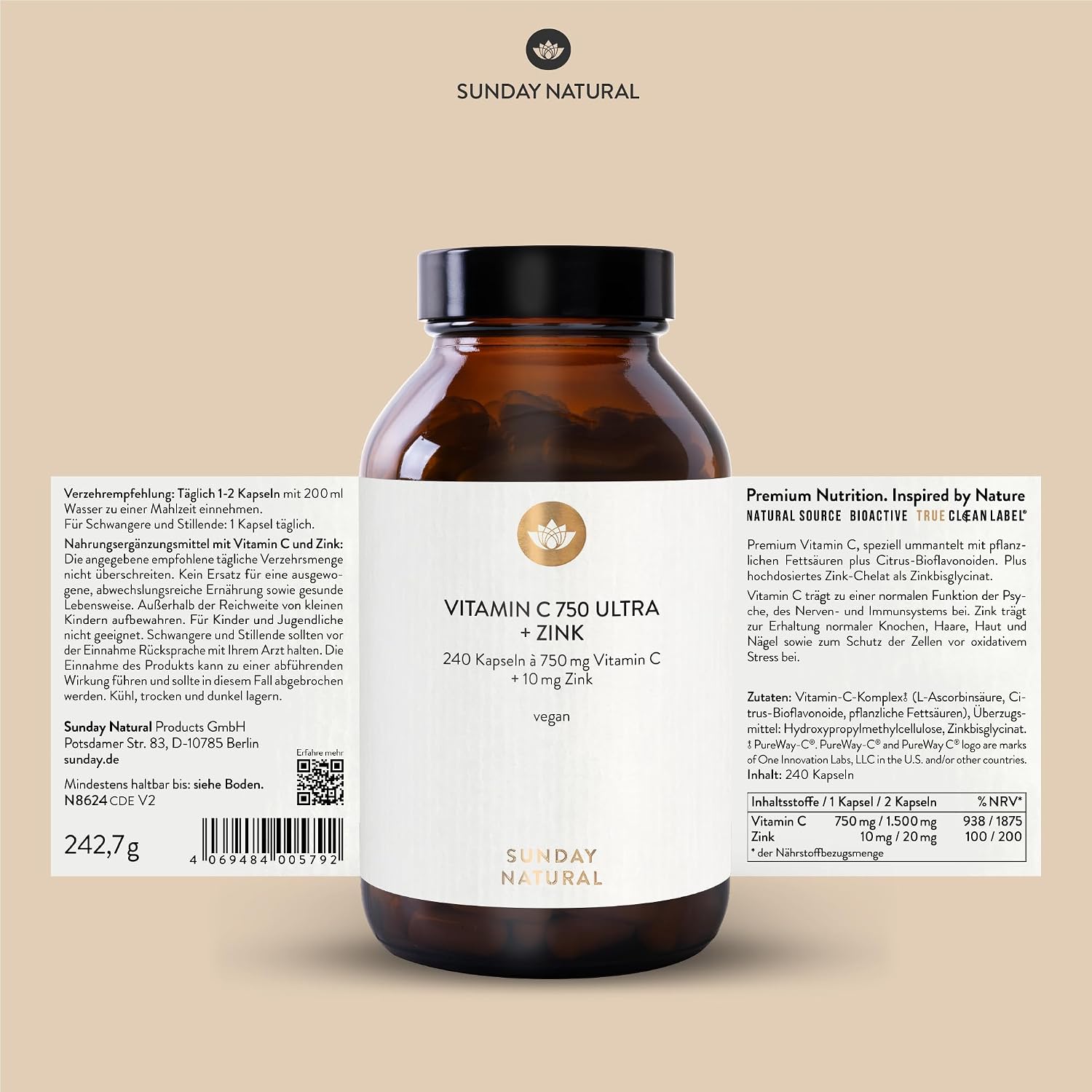 SUNDAY NATURAL® Vitamin C Zink – 1500 mg Vitamin C und Zink 20 mg pro Tagesdosis – exklusiver PureWay® Komplex aus den USA – schnelle Absorption, mit Bioflavonoiden – vegan – 240 Kapseln – Bild 6