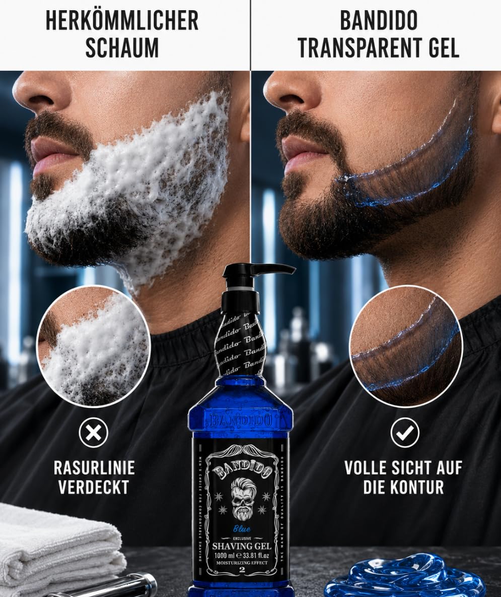Bandido Shaving Gel Men Red & Blue 1000ml Rasiergel Transparent Männer Rasur Herren nicht-schäumend präzise Rasur der Bartkonturen mit jeder Rasierklinge Rasiermesser Herren verwendbar (Blue 1000ml) – Bild 4