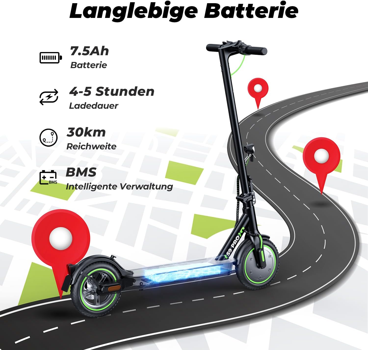isinwheel S9Pro E Scooter mit Straßenzulassung, 350W Motor E Roller, 7.5Ah Akku bis 30km Reichweite, 8.5 Zoll Reifen, APP & LED-Display, Elektroscooter für Erwachsene – Bild 2
