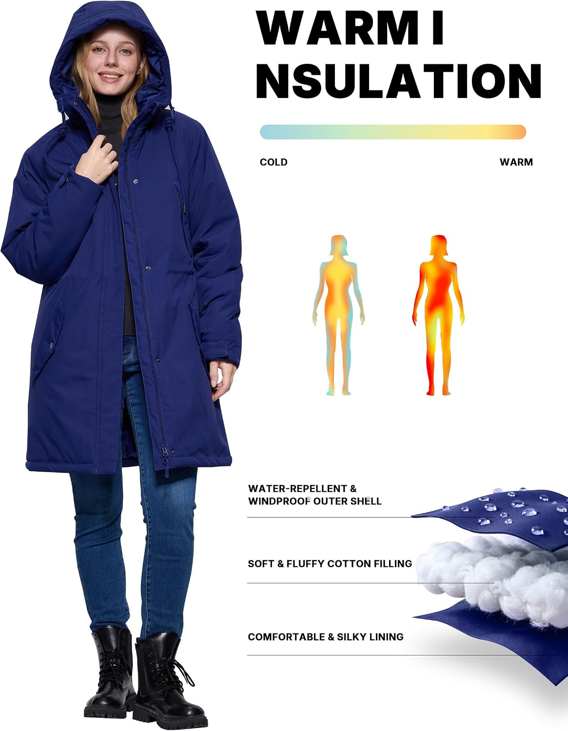 Winterjacke Damen Warm Kapuze Lange Wasserdicht Wintermantel Klassischer – Bild 5