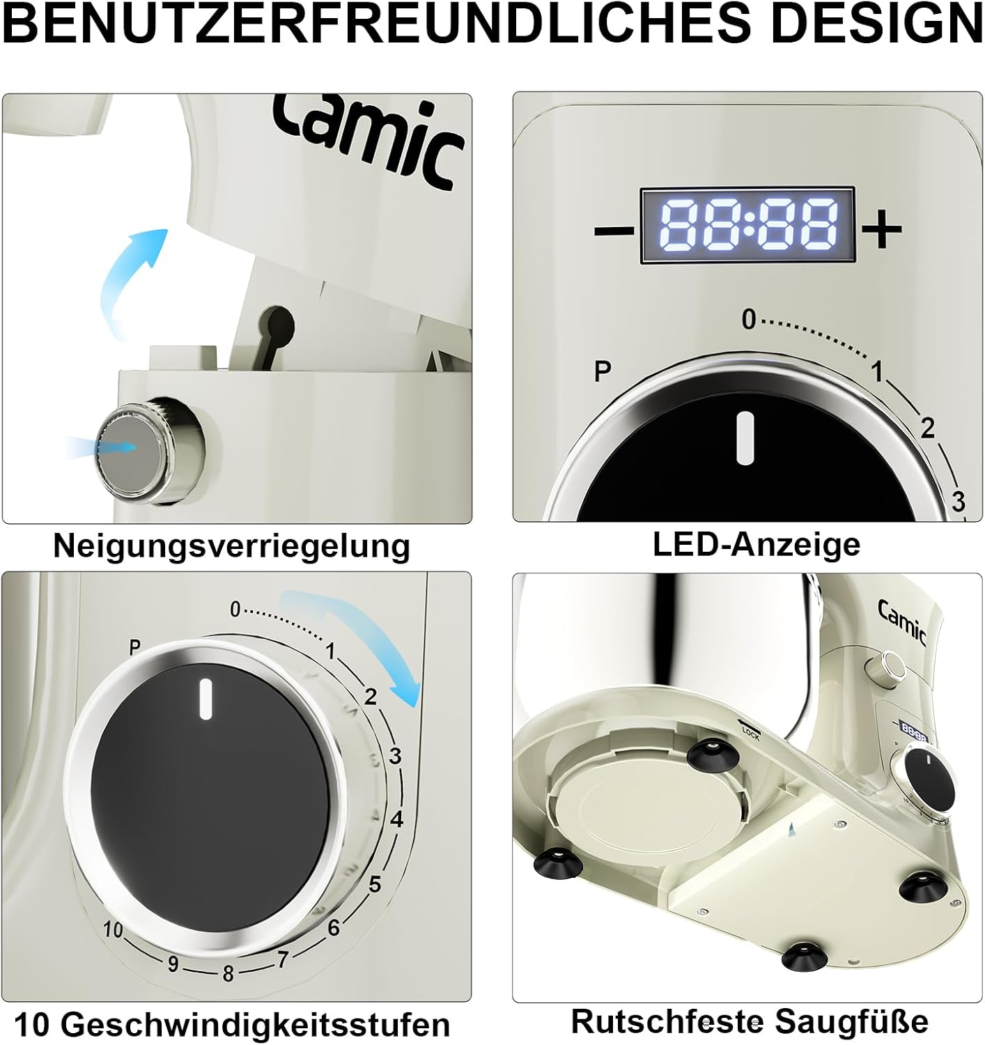 Camic Küchenmaschine mit LED-Display, Zeit Einstellen, Knetmaschine mit Rührhaken, Knethaken, Schlagbesen, 10 Stufen, 2 Edelstahlschüsseln 4L+5L, für Teig, Brot, Pizza, Kuchen (White) – Bild 3