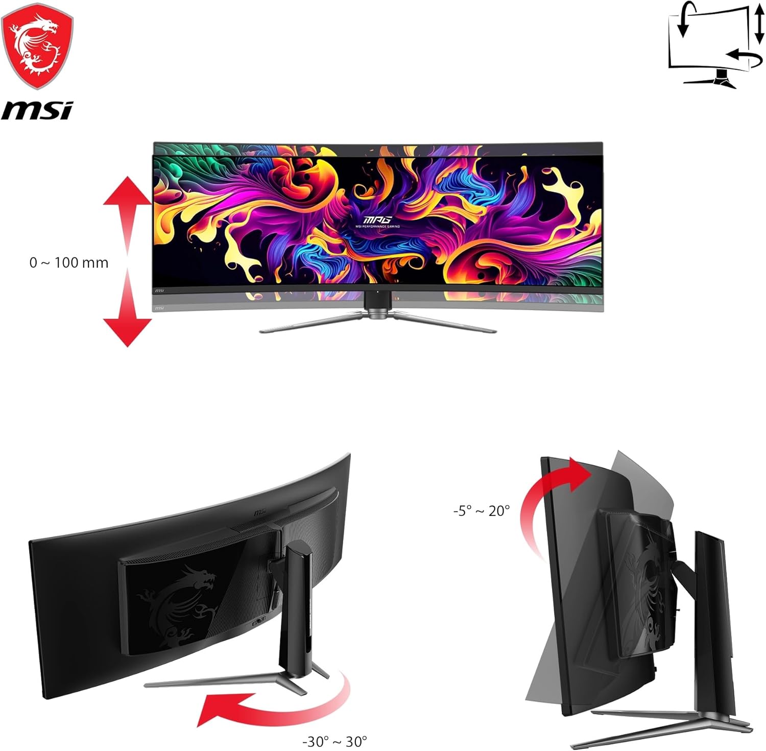 MSI MPG 491CQPA QD-OLED 49-Zoll-DQHD-Curved-Gaming-Monitor 1800R, 5120 x 1440 Quantum Dot OLED-Panel, 144 Hz / 0,03 ms, 99% DCI-P3, ΔE≤2, DisplayHDR True Black 400, KVM–DP 1.4a, HDMI 2.1, USB Typ C – Bild 5
