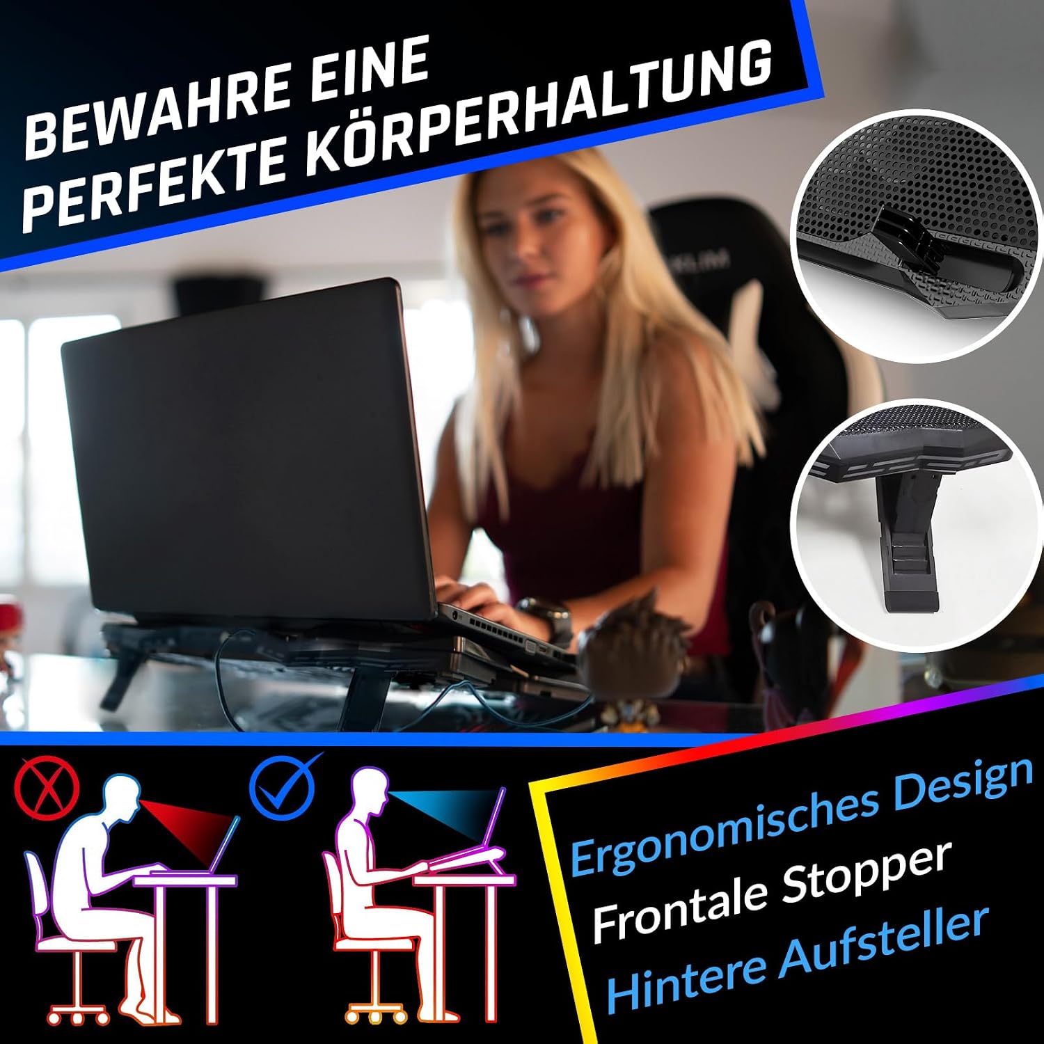 KLIM® Wind Laptop Kühler - Mehr als 500 000 verkaufte Einheiten - NEU - Leistungsstark - Schneller Kühlvorgang - 4 Lüfter PC Notebook PS4 Belüfteter Laptop Ständer - Blau – Bild 5