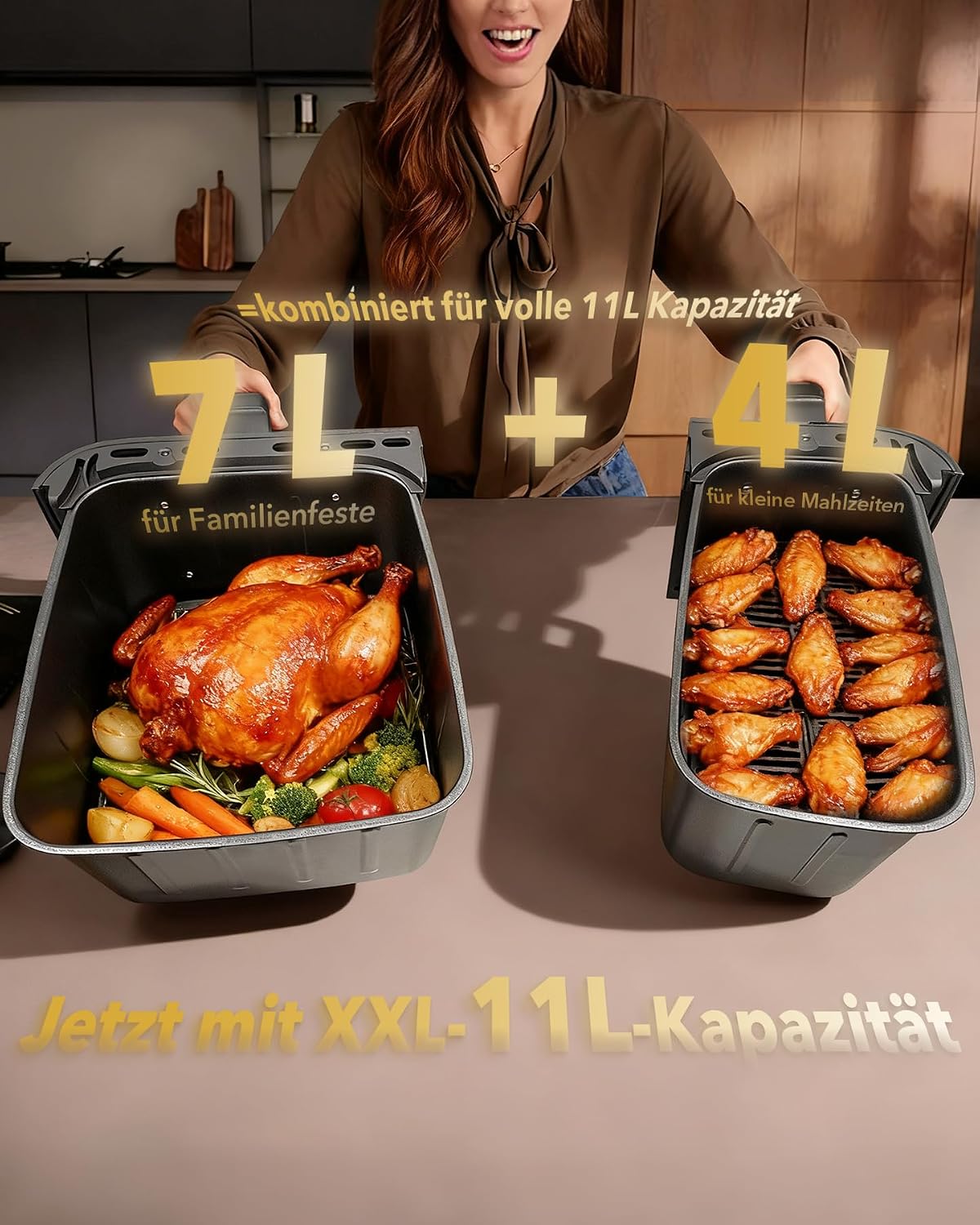 WELLENT 11L Airfryer 2 Kammern (4+7L), 10-in-1 XXL Heißluftfritteuse – Bild 3