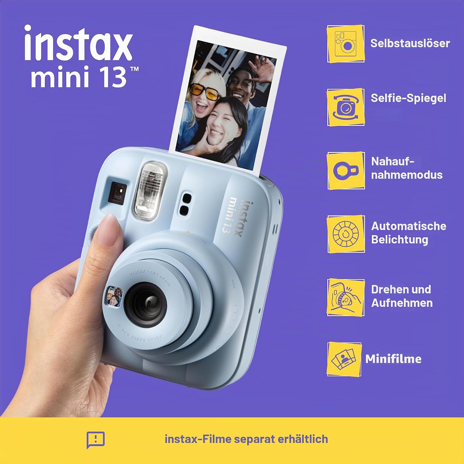 FUJIFILM instax mini 13™ Sofortbildkamera für Erwachsene | Kamera mit Sofortdruck für farbige Erinnerungen zum Anfassen – Selfiespiegel, Nahaufnahmemodus & automatische Belichtung | Frost Blue – Bild 2