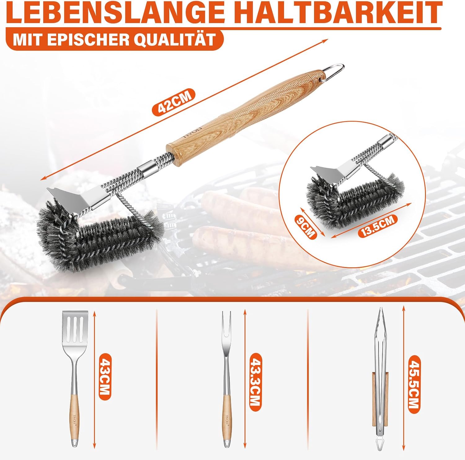 TIVOLI Grillbesteck Set 4-teilig aus Edelstahl mit Holzgriffen – Bild 3