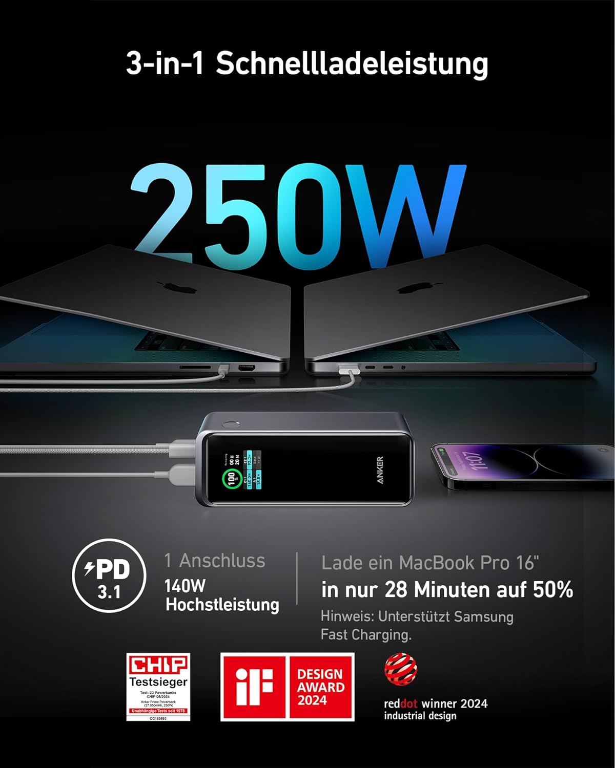 Anker Prime Powerbank, 27650mAh 250W Max, 3 Ports, smarte App-Steuerung – Bild 2