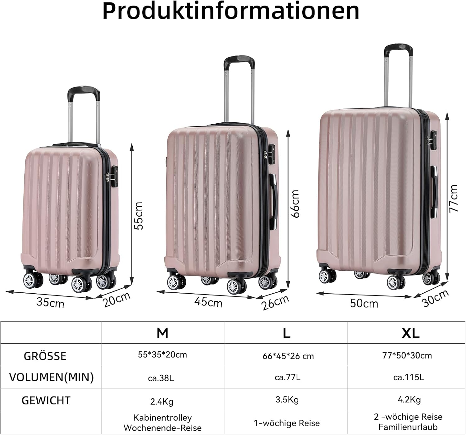 BEIBYE TSA-Schloß 2080 Gepäck Zwillingsrollen Reisekoffer Koffer Trolley Hartschale Dehnungsfuge (Rosa Gold, L) – Bild 7
