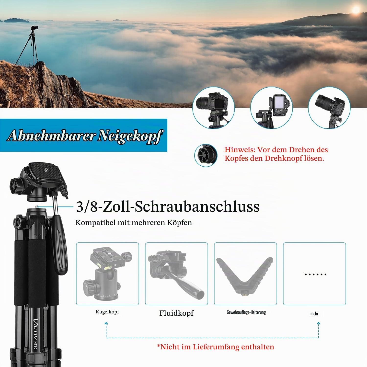 Victiv Kamera Stativ mit 52–160-185cm Höhe, Leichtes Aluminium Kamerastativ – Bild 4