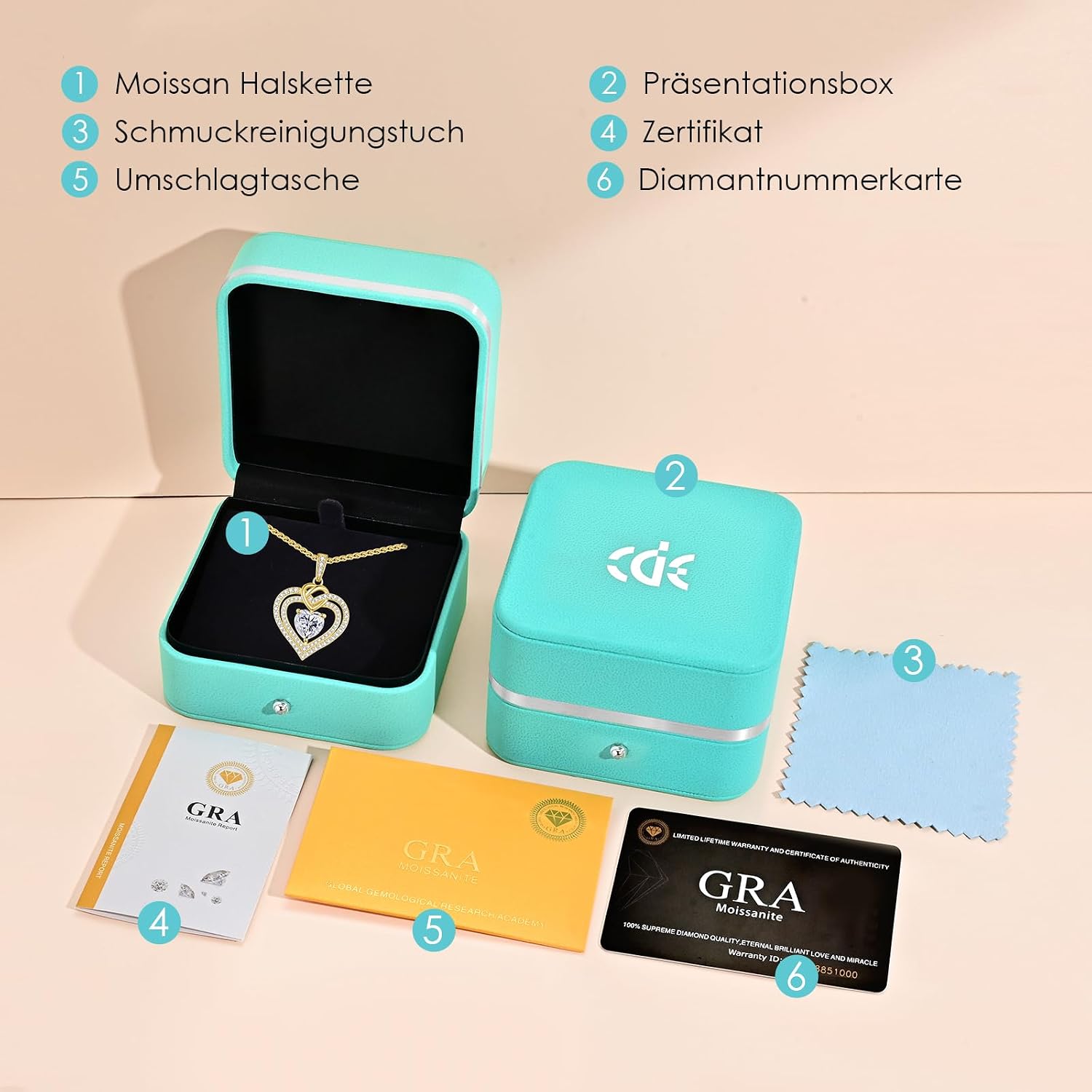 CDE Kette Damen Moissanite Halskette Damen Silber 925, Doppel Herz VVS1 Reinheit D Farbe, Frauen Schmuck Geburtstags Geschenk für Sie Freundin Weihnachten Valentinstag Muttertags – Bild 6