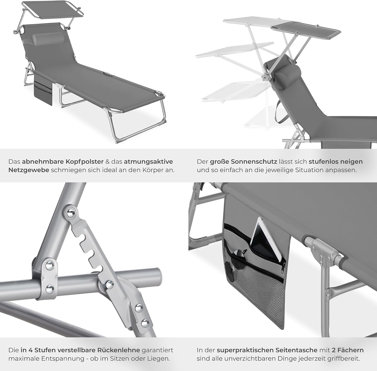tectake® Sonnenliege klappbar, tragbar, Liege mit Seitentasche, Strandliege, Gartenliege mit Dach, Liegestuhl mit Verstellbarer Rückenlehne, inkl. Kopfkissen - für Balkon, Terrasse, Camping - grau – Bild 7