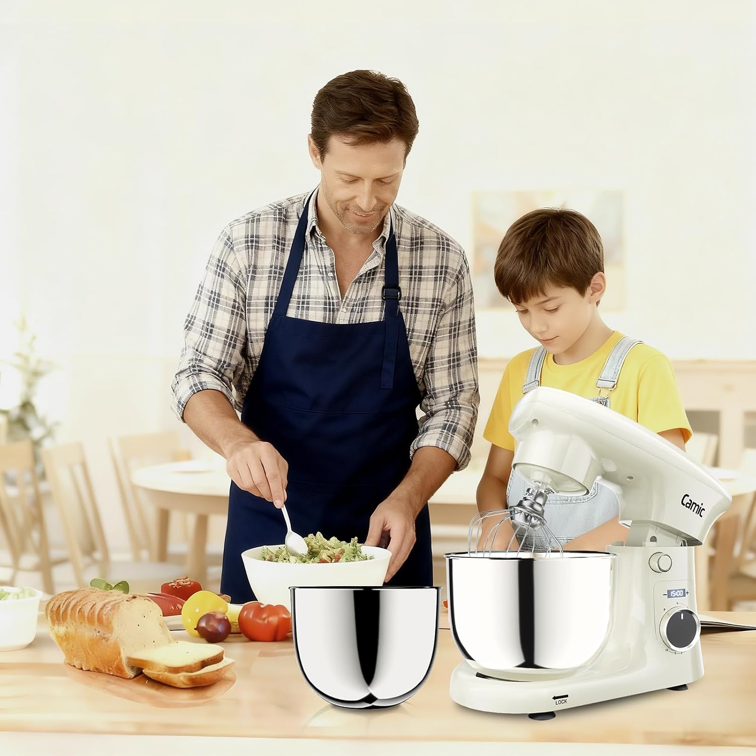 Camic Küchenmaschine mit LED-Display, Zeit Einstellen, Knetmaschine mit Rührhaken, Knethaken, Schlagbesen, 10 Stufen, 2 Edelstahlschüsseln 4L+5L, für Teig, Brot, Pizza, Kuchen (White) – Bild 7