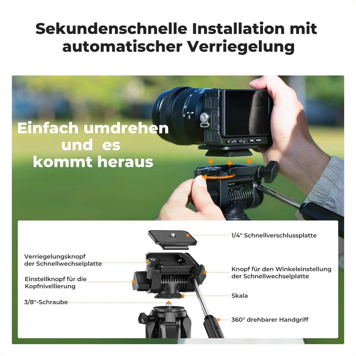 K&F CONCEPT Aluminium Kamera Stativ, 190cm leicht Stativ mit Tasche – Bild 6