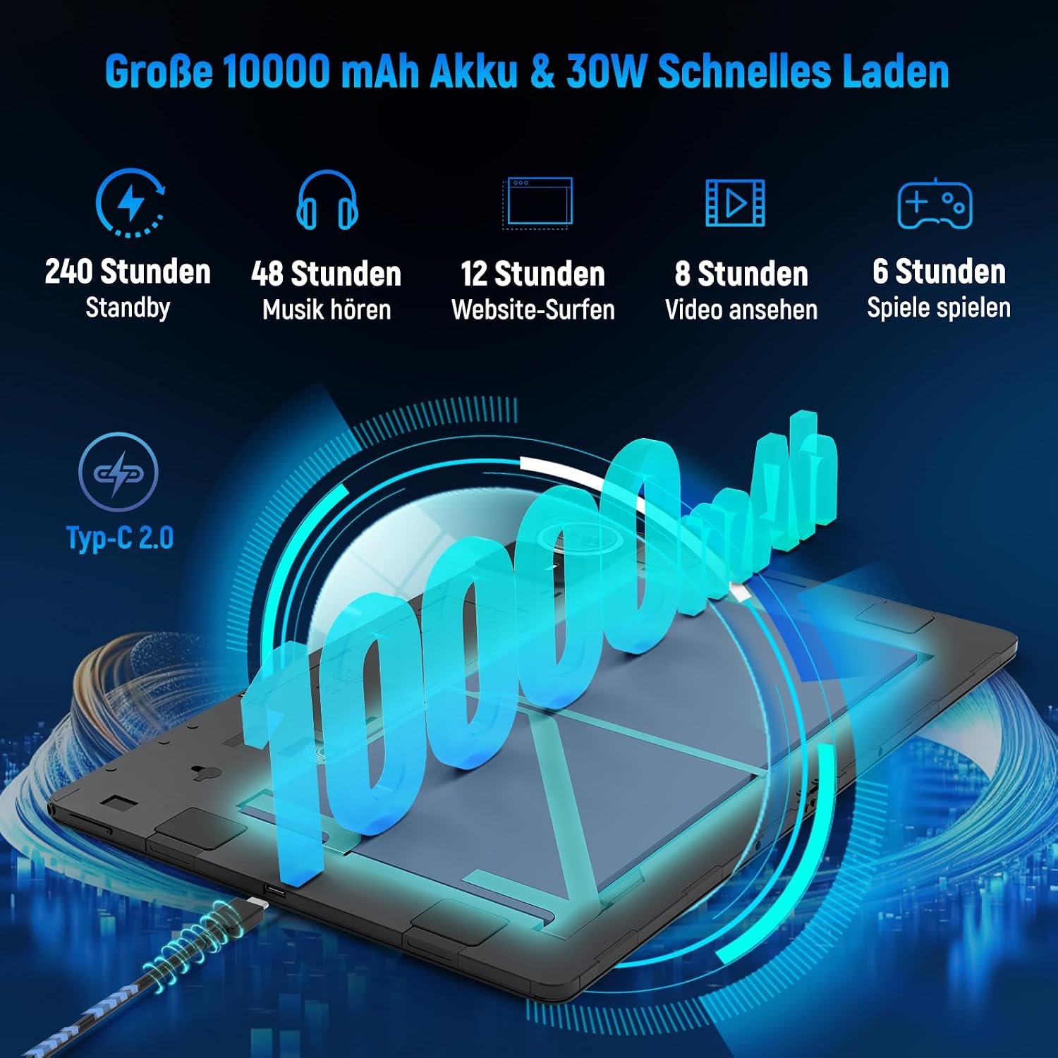 Tablet 14 Zoll Android 16 Laptop 2-in-1 Tablets PC Octa-Core 36 GB RAM 256 GB ROM 2 TB erweiterbar 1920x1200 IPS FHD 10,000 mAh 30W Schnellladung Widevine L1 Gemini AI Wi-Fi 6 BT 5.4 (Schwarz) – Bild 4