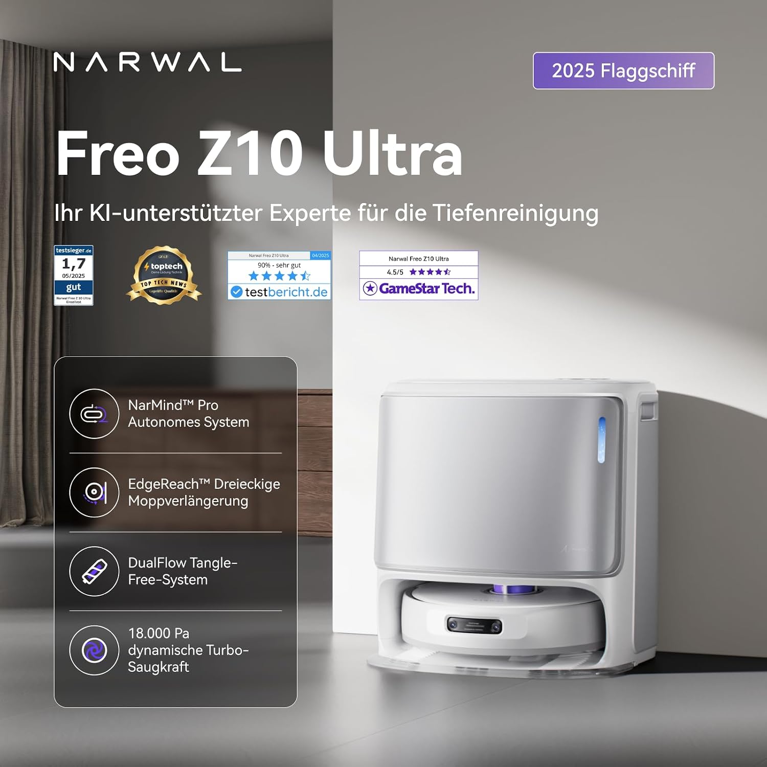 NARWAL Freo Z10 Ultra Saugroboter mit Wischfunktion, 18.000 Pa Saugleistung, Dynamische Moppausdehnung, Tangle-Free System, Intelligente Nass-Trocken-Reinigung, All-in-One-Basisstation – Bild 2