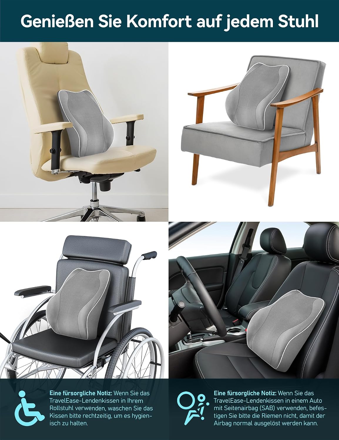 Travel Ease Ergonomisches RückenKissen aus Memory Foam, Lendenkissen für Bürostuhl, Schreibtischstuhl, mit Antistatischem, hautfreundlichem Bezug und für eine Bequeme Sitzhaltung (Grau) – Bild 7