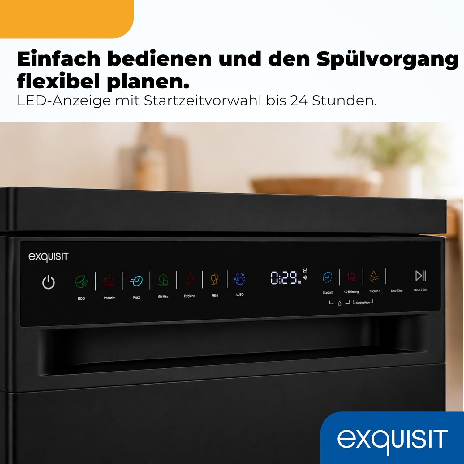 Exquisit Geschirrspüler 11 Maßgedecke | Energieklasse C | 7 Programme | Eco, Intensiv & Glas | Aquastop | Besteckschublade | Extra-Trocknung | Startzeitvorwahl 24 h | Unterbaufähig | Schwarz – Bild 4