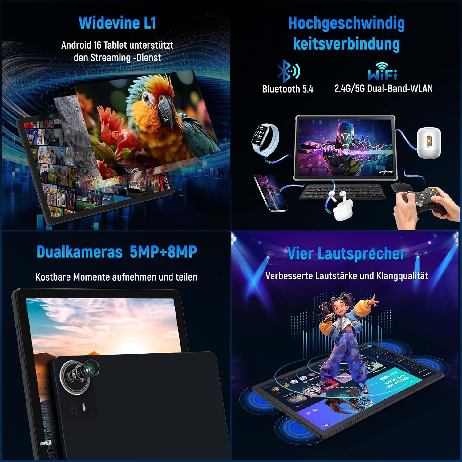 Tablet 14 Zoll Android 16 Laptop 2-in-1 Tablets PC Octa-Core 36 GB RAM 256 GB ROM 2 TB erweiterbar 1920x1200 IPS FHD 10,000 mAh 30W Schnellladung Widevine L1 Gemini AI Wi-Fi 6 BT 5.4 (Schwarz) – Bild 5