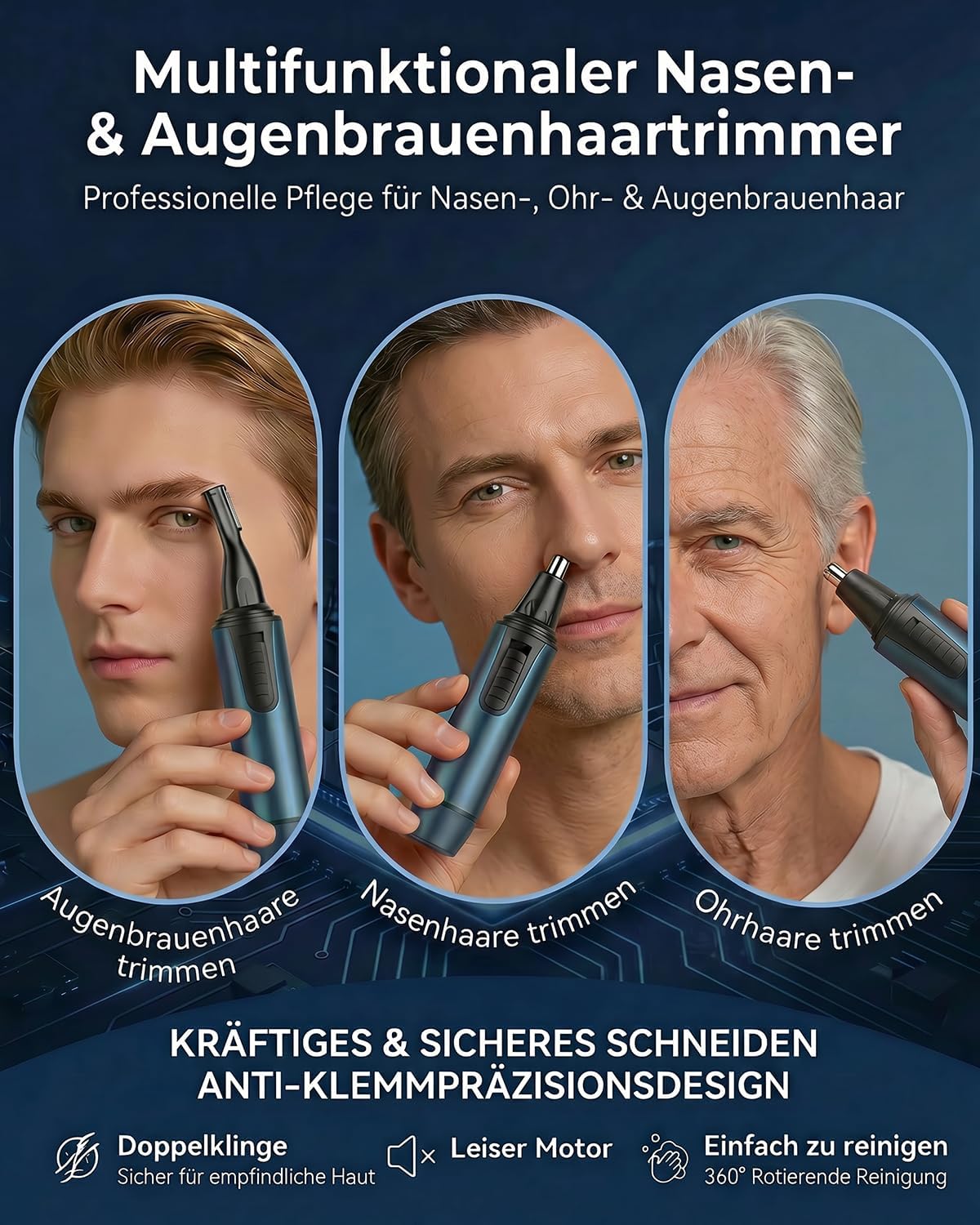 Nasenhaartrimmer Herren, USB Wiederaufladbar Nasenhaarschneider 3 in 1 Set Ohrhaarschneider mit Doppelschneideklingen, Schmerzfreier Augenbrauen und esichtshaartrimmer für Männer und Frauen – Bild 2