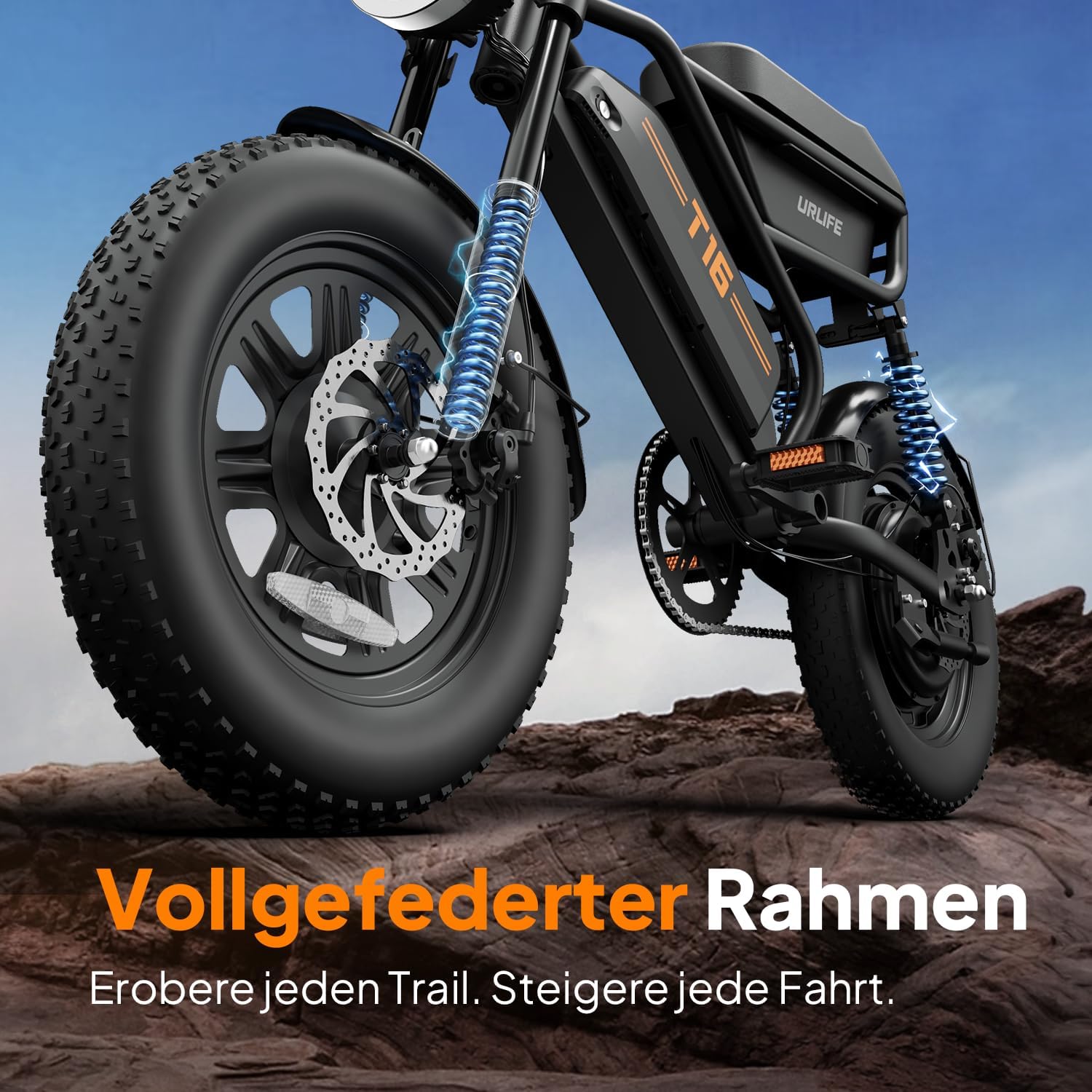 URLIFE E Bike 16" x 3.0, 48V 13Ah Herausnehmbarer Akku Elektrofahrrad, 250W Bürstenloser Motor, 100km Reichweite, E-Bike mit Doppelfederung, Elektrofahrräder für Jugendliche und Erwachsene – Bild 8