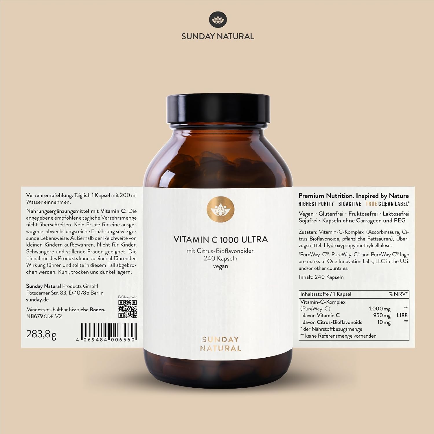 SUNDAY NATURAL® Vitamin C – 1000 mg Vitamin C PureWay® – schnelle Resorption mit Bioflavonoiden – Vegan, laborgeprüft in Deutschland - 240 Kapseln - Unser Besteller im Webshop – Bild 6