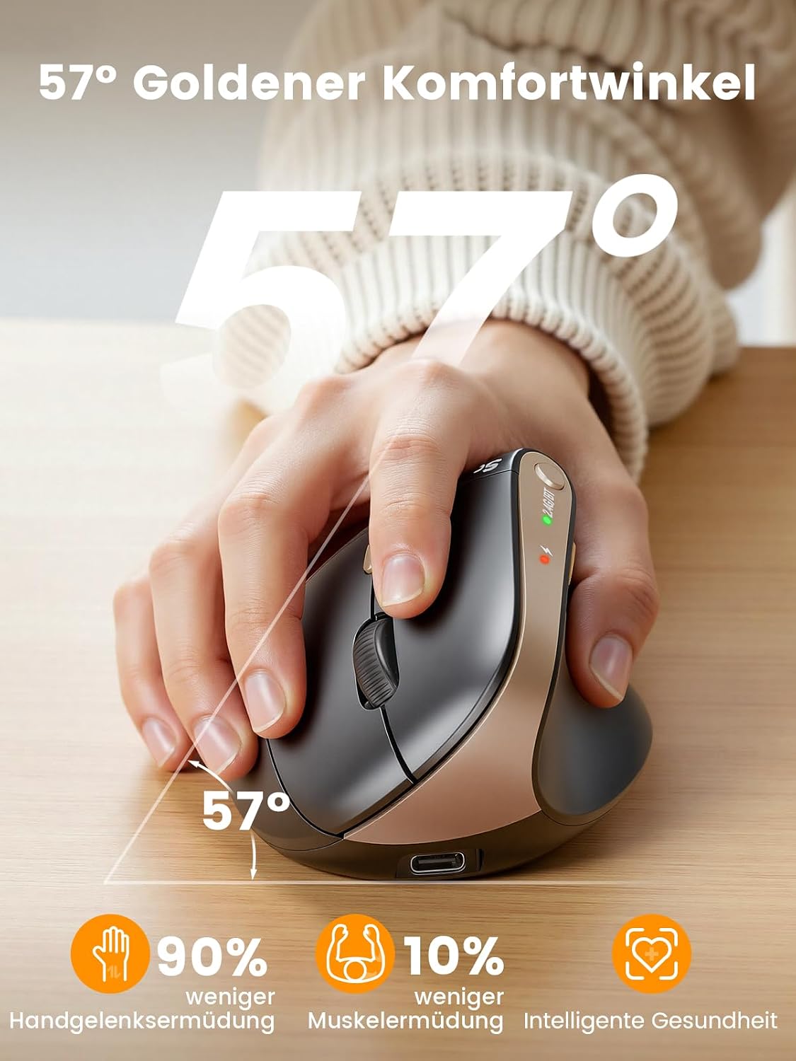 SABLUTE MAM3 Ergonomische Vertikale Maus, Bluetooth, Wiederaufladbare – Bild 2