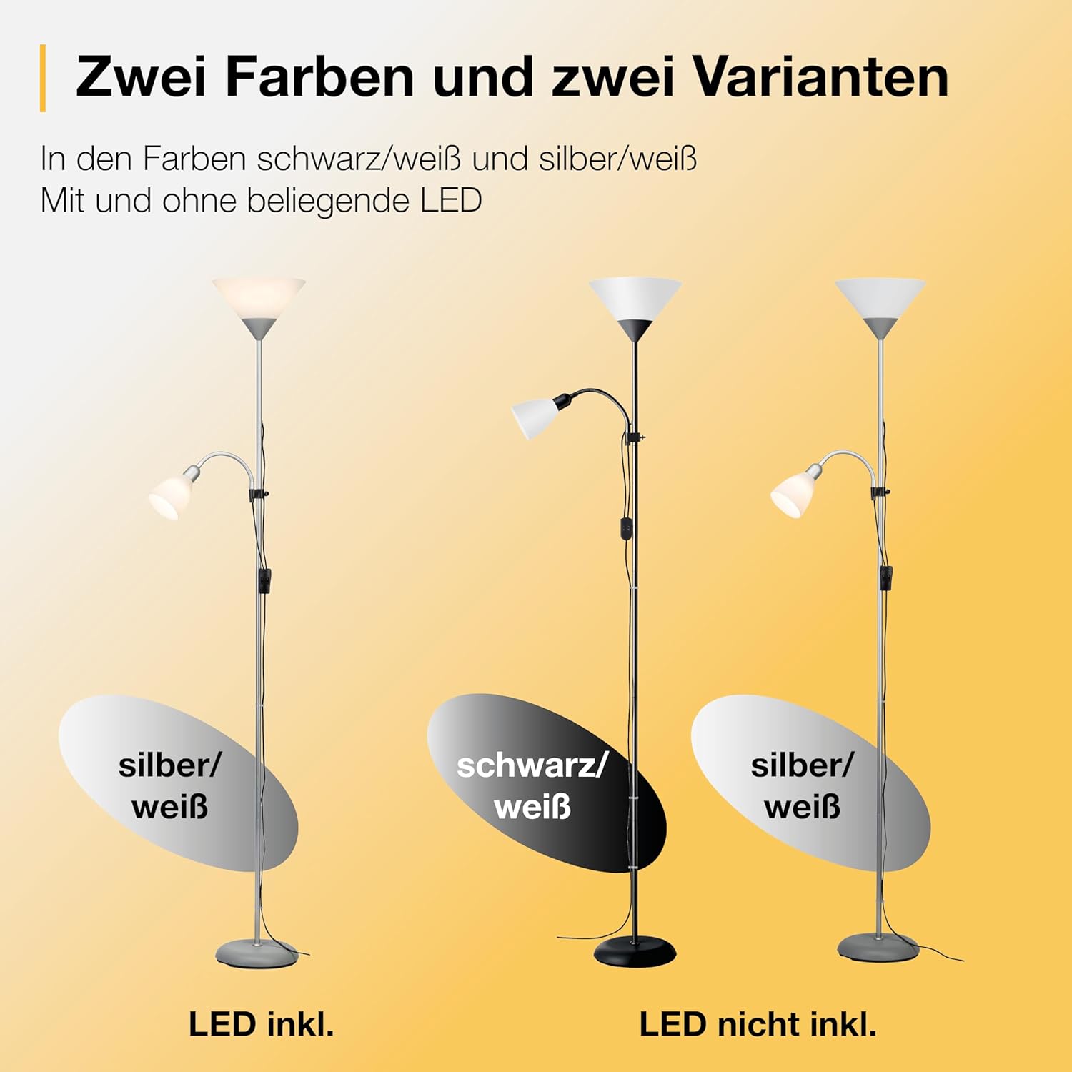Brilliant Spari Deckenfluter mit Leselampe schwarz, weiß LED Stehlampe 1,8 m Standleuchte für LED-Leuchtmittel geeignet (E27 & E14 Fassung) mit verstellbarem Lesearm – Bild 5