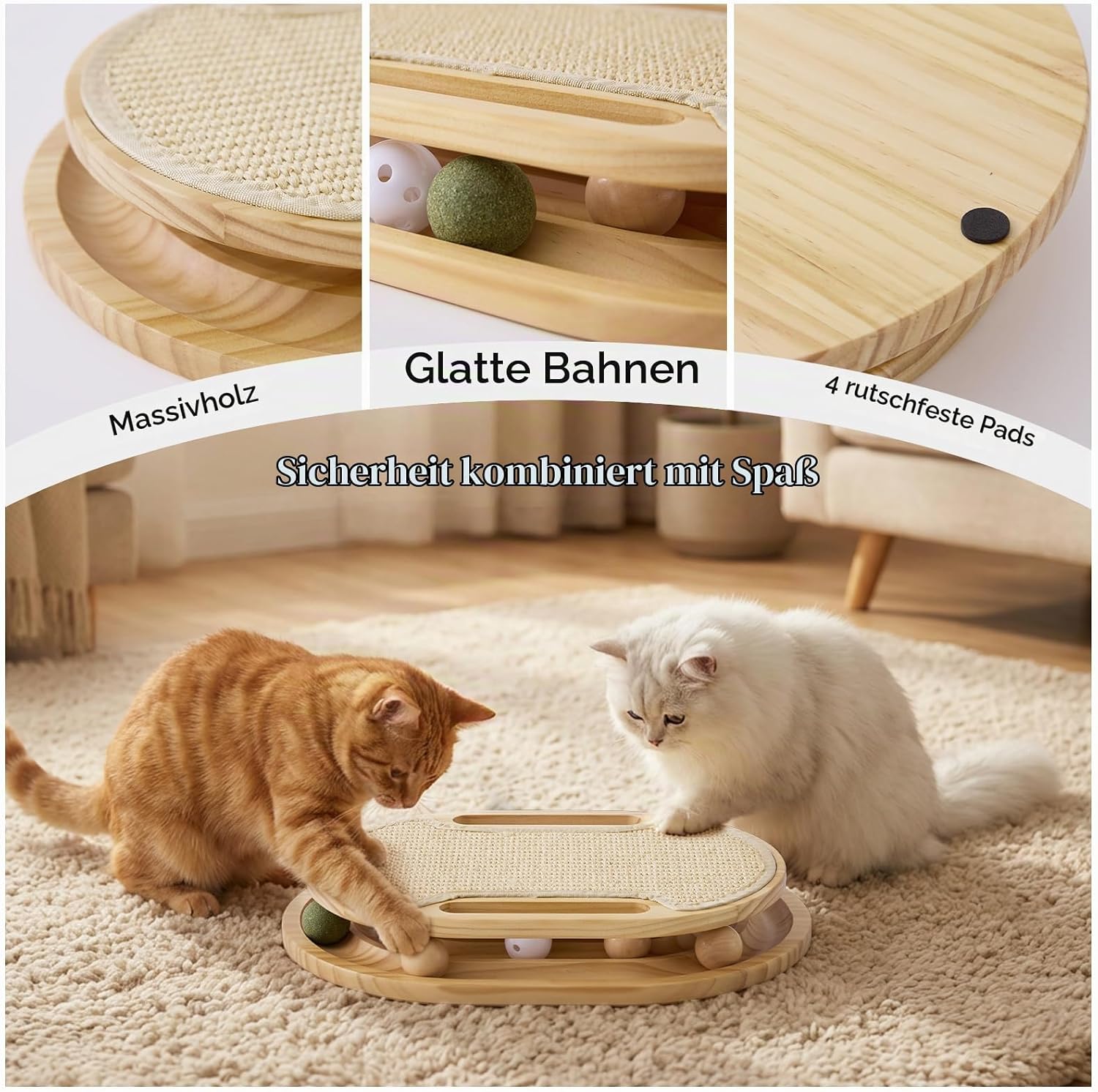 ZOMISIA Sisal Kratzbrett mit Kugelbahn, Interaktives Katzenspielzeug Holz – Bild 5