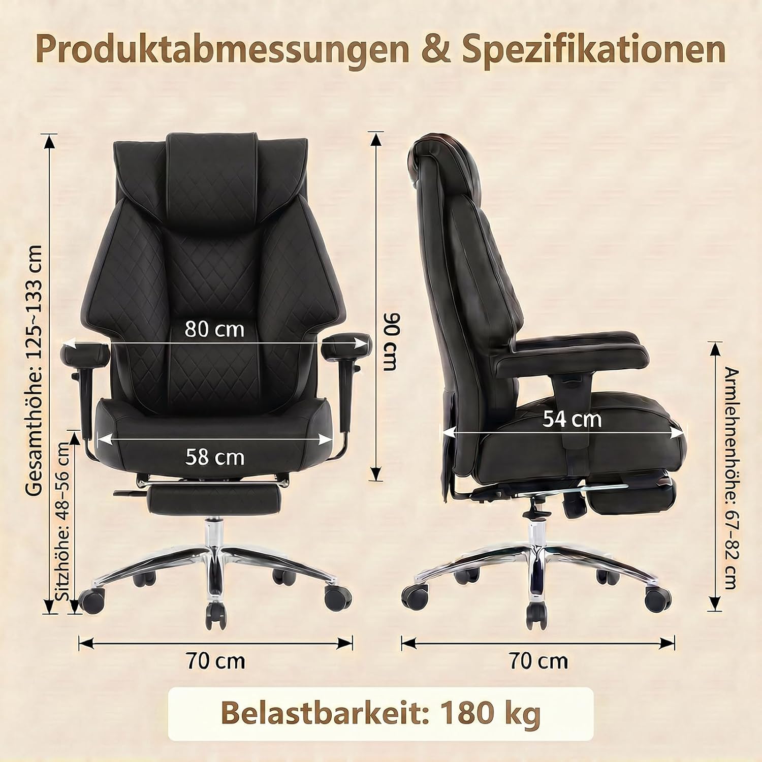EXCEBET XXL Chefsessel bis 180kg Belastbar, Ergonomischer Bürostuhl mit Taschenfederkern, Breiter Drehstuhl für Schneidersitz, Dick Gepolstert, Hochlehner Managerstuhl mit Lendenwirbelstütze (Schwarz) – Bild 2