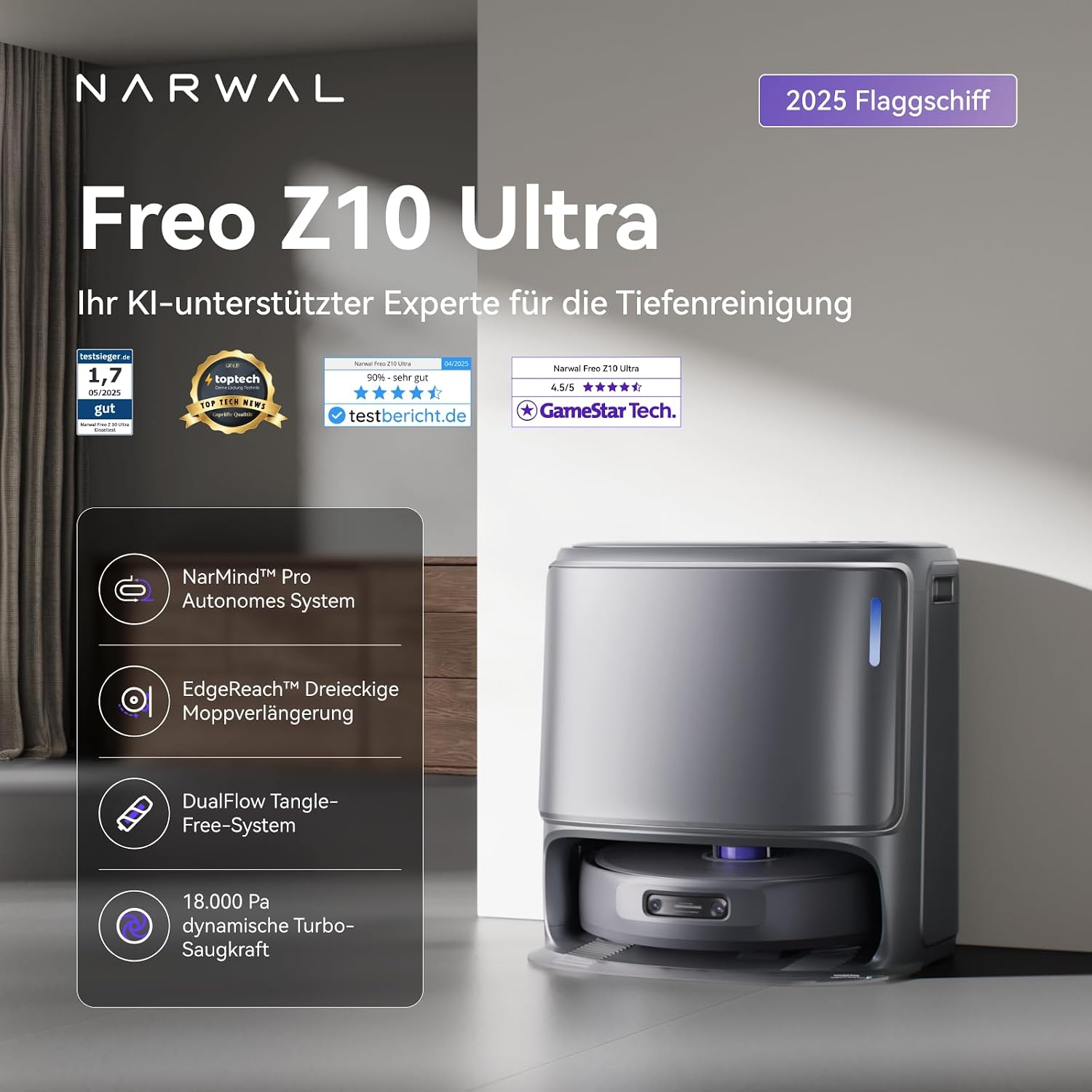 NARWAL Freo Z10 Ultra Saugroboter mit Wischfunktion, 18.000 Pa Saugleistung, Dynamische Moppausdehnung, Tangle-Free System, Intelligente Nass-Trocken-Reinigung, All-in-One-Basisstation Grau z20 – Bild 2