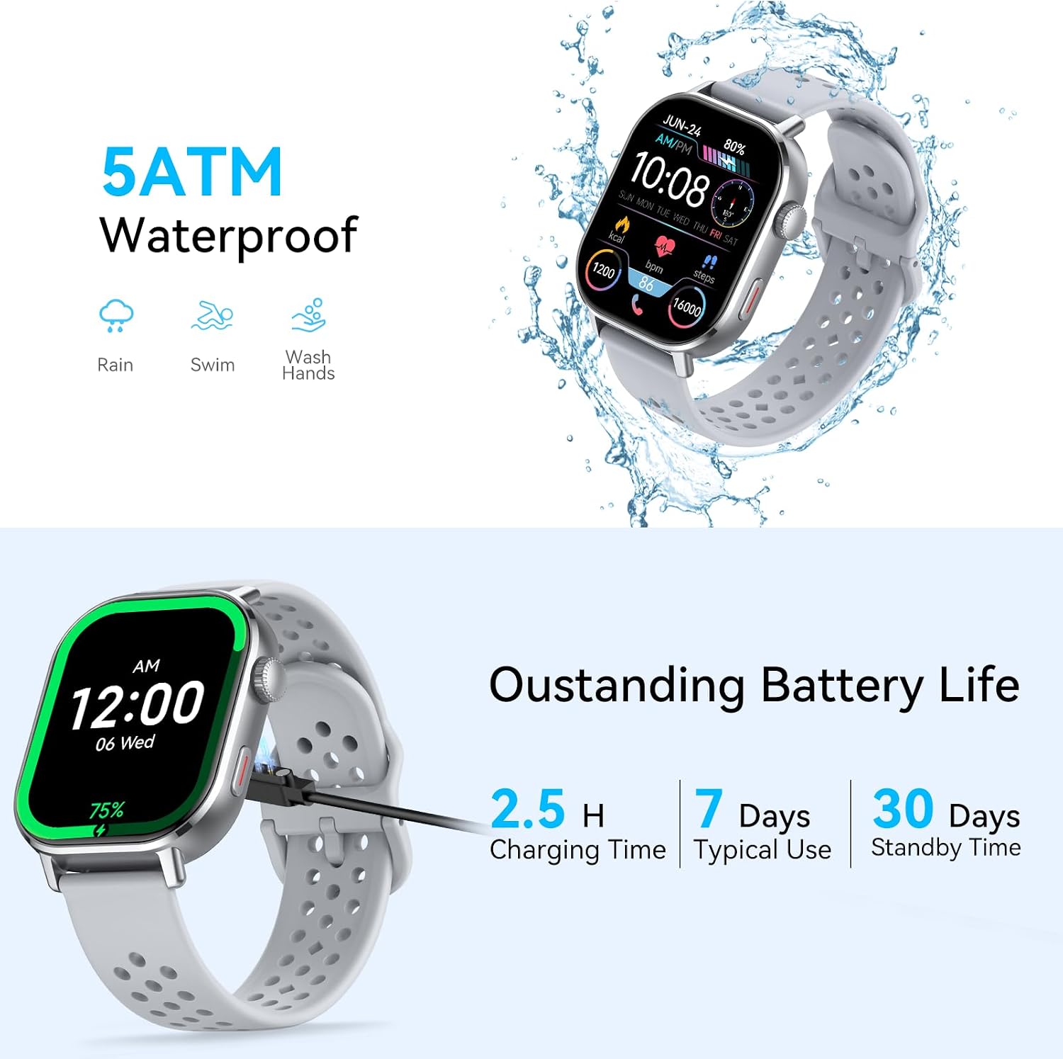 Smartwatch Damen Herren mit GPS, 2.06" AMOLED Display, 5ATM Wasserdicht, Bluetooth Anruf, 110+ Sportmodi, mit Kompass/Fitness Tracker,Herzfrequenz/Schlafmonitor,,Kompatibel mit Android/IOS,Silbergrau – Bild 5