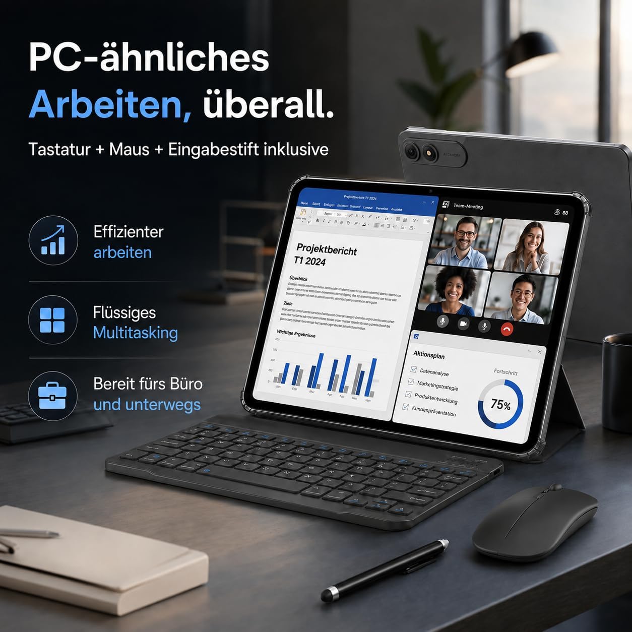Tablet 13,4 Zoll mit Tastatur, 4G LTE, Android 16, 256GB Speicher 24GB RAM / 2TB TF, T7280 Octa-Core, 120 Hz FHD+, Ultradünn Tablet-PC, 8300 mAh,USB-C PD 18 W, PC Mode 3.0, Widevine L1/Face ID, Grau – Bild 2