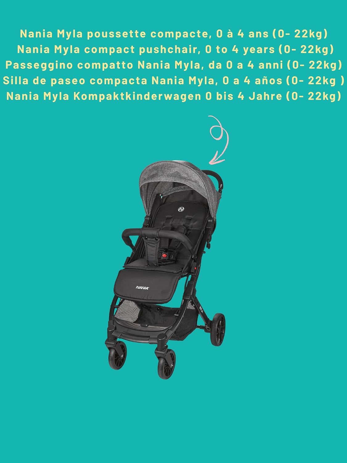 Nania Myla, kompakter Buggy, 0 bis 4 Jahre (22 kg max), leicht (7,5 kg), Stadt-Kinderwagen, mit einer Hand neigbar in Liegeposition, großer Aufbewahrungskorb, mit Transportwagen – Bild 4