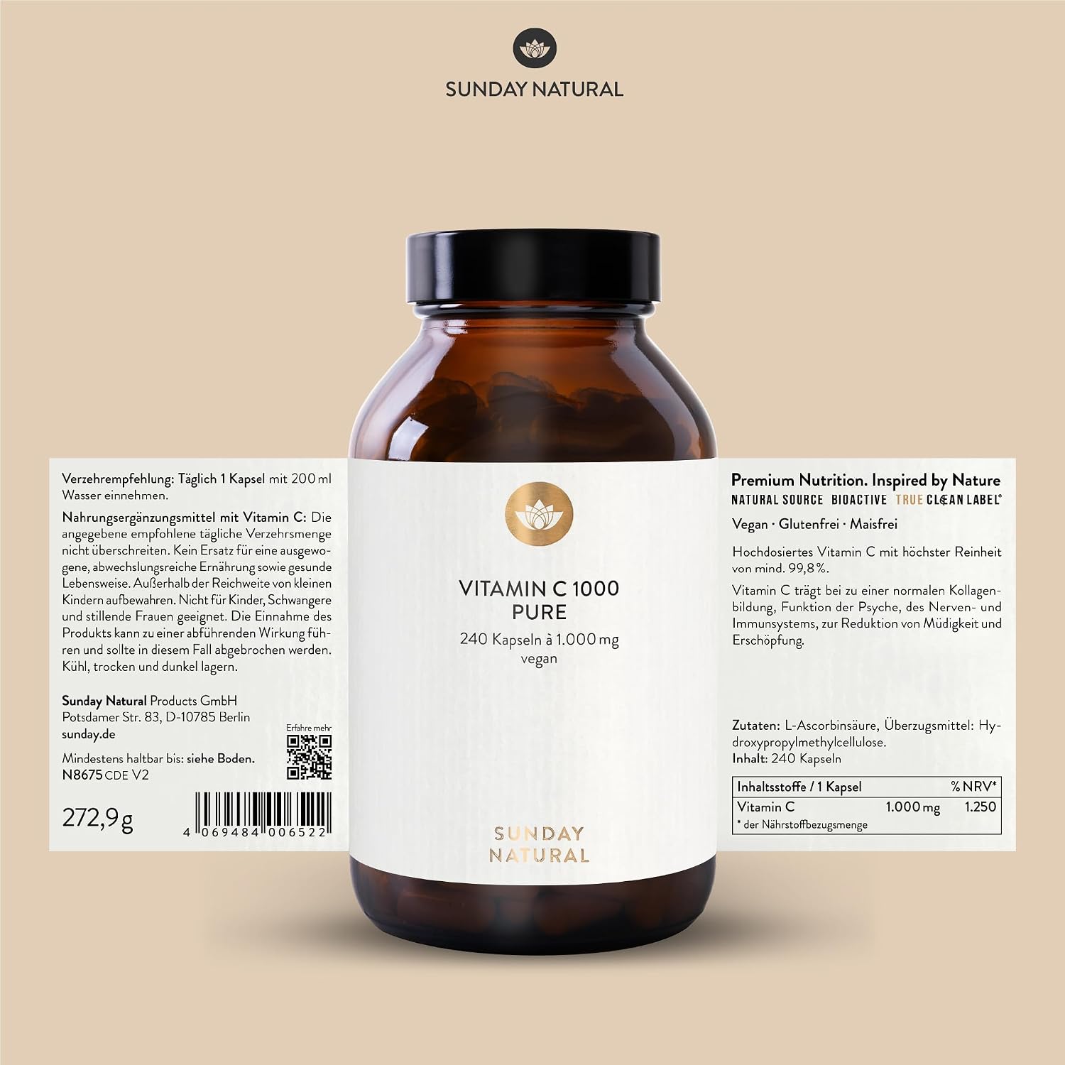 SUNDAY NATURAL® Reines Vitamin C - 240 Kapseln - Hochdosiert mit 1000mg pro Kapsel – Ascorbinsäure mit hoher Reinheit – Vegan, laborgeprüft in Deutschland – Bild 6