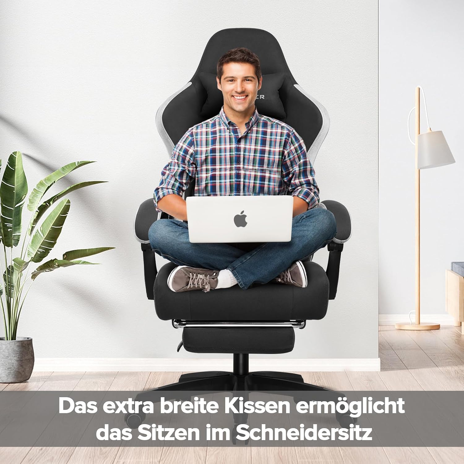 GTPLAYER Gaming Stuhl Ergonomischer Gaming Sessel Schreibtischstuhl mit Stoffoberfläche, Federsitzkissen, Verbindungsarmlehnen und Fußstütze 150KG, hellschwarz – Bild 4