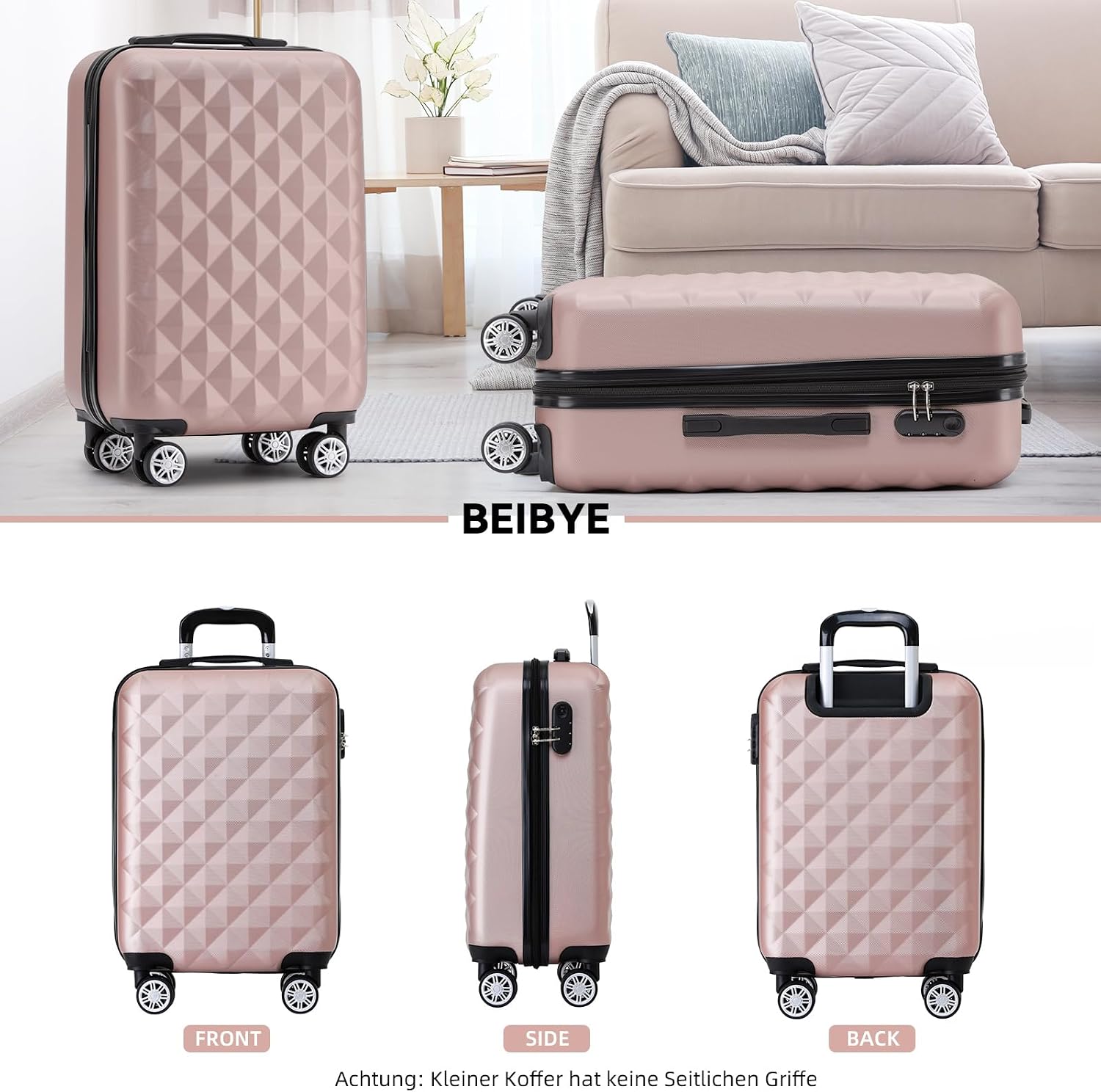 BEIBYE Zwillingsrollen 2066 Hartschale Trolley Koffer Reisekoffer Gepäck M-L-XL-Set (Rosa Gold, M) – Bild 3