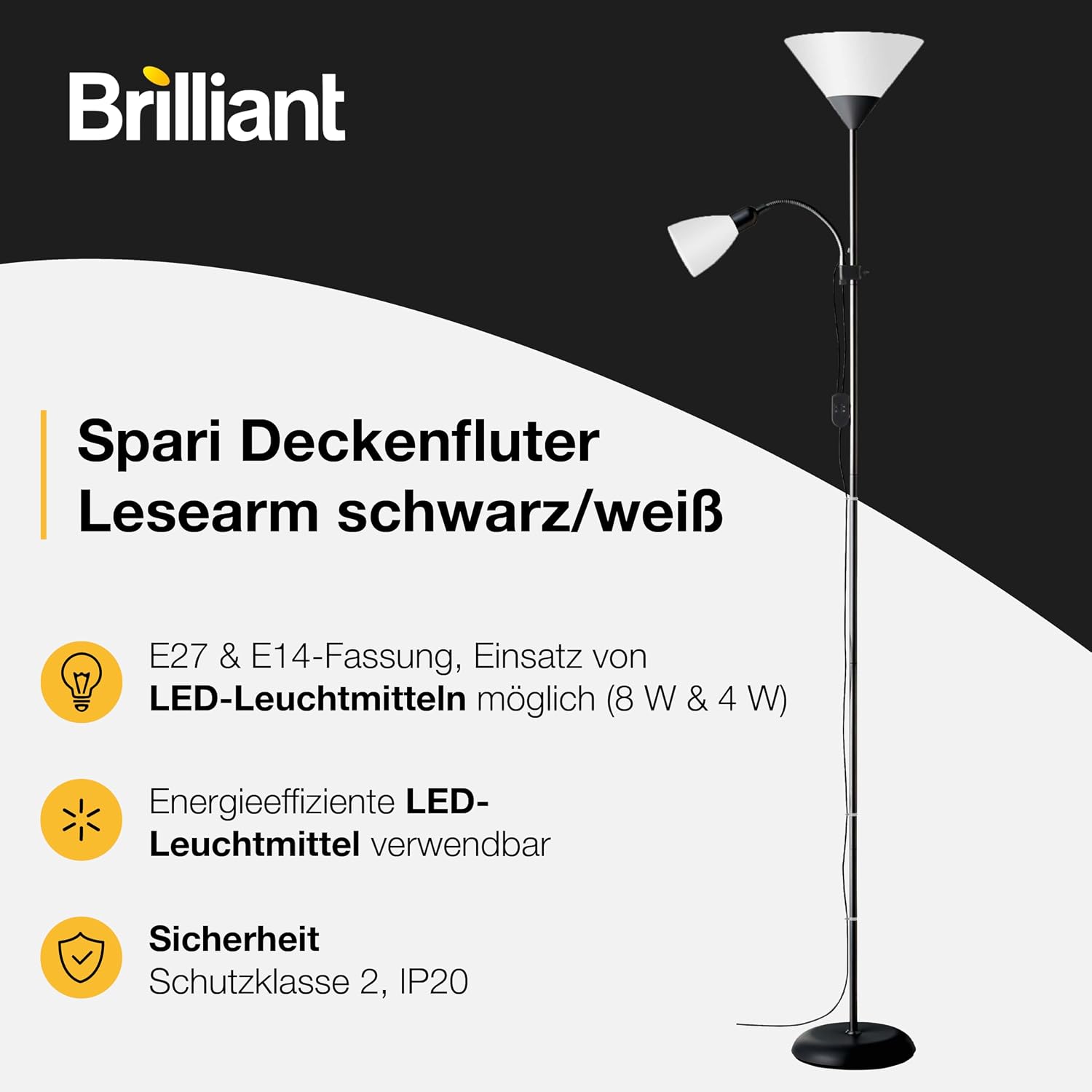 Brilliant Spari Deckenfluter mit Leselampe schwarz, weiß LED Stehlampe 1,8 m Standleuchte für LED-Leuchtmittel geeignet (E27 & E14 Fassung) mit verstellbarem Lesearm – Bild 2