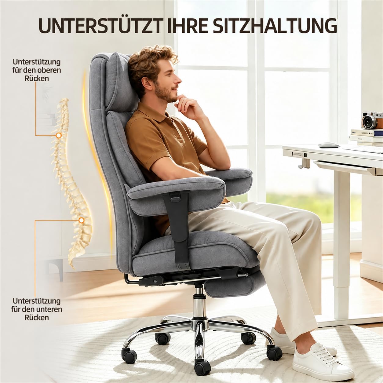 Efomao Bürostuhl, Stoffstuhl Ergonomisch mit Fußstütze, Komfortabler Polsterstuhl bis 200kg mit Lendenkissen & Nackenkissen, Höhenverstellbarer Schreibtischstuhl – Bild 6