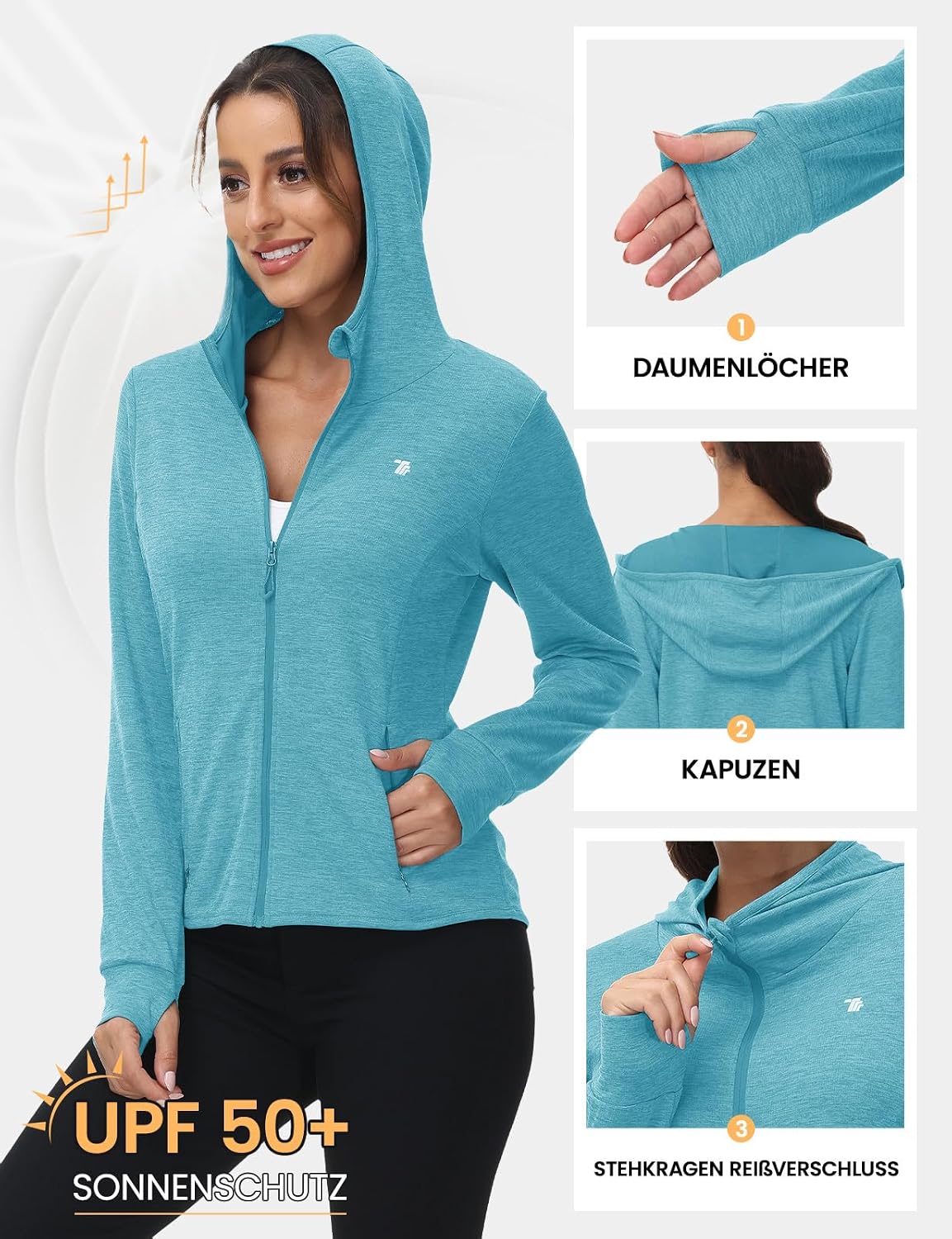 Rdruko Laufjacke Damen Sportjacke UV Jacke Trainingsjacke mit Kapuze – Bild 5