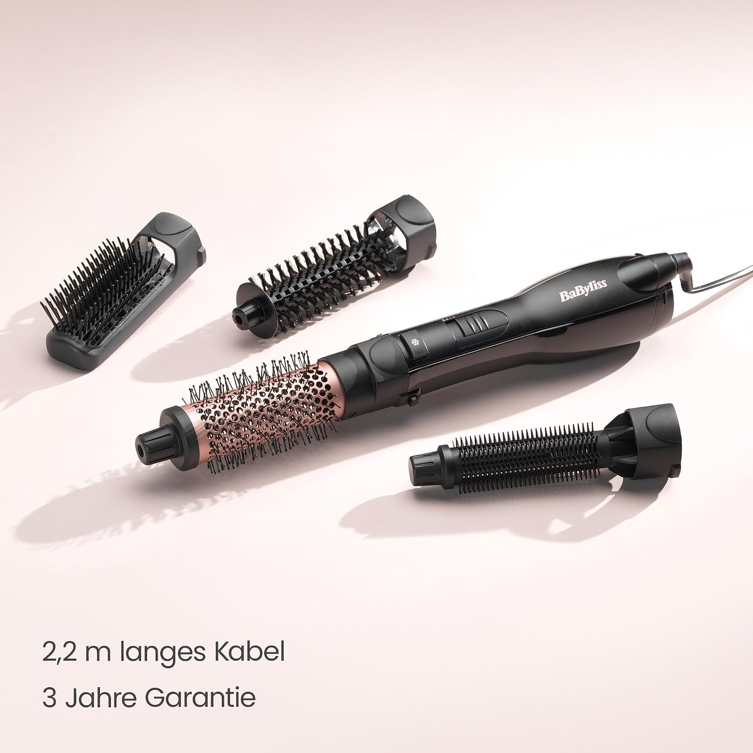 BaByliss Smooth Finish 1200 – 4‑in‑1 Warmluftbürste zum Trocknen, Formen, Glätten & Volumenstyling, Ionen‑ & Keramiktechnologie, 4 Aufsätze, 1200W, Schwarz/Pink, AS122E – Bild 9